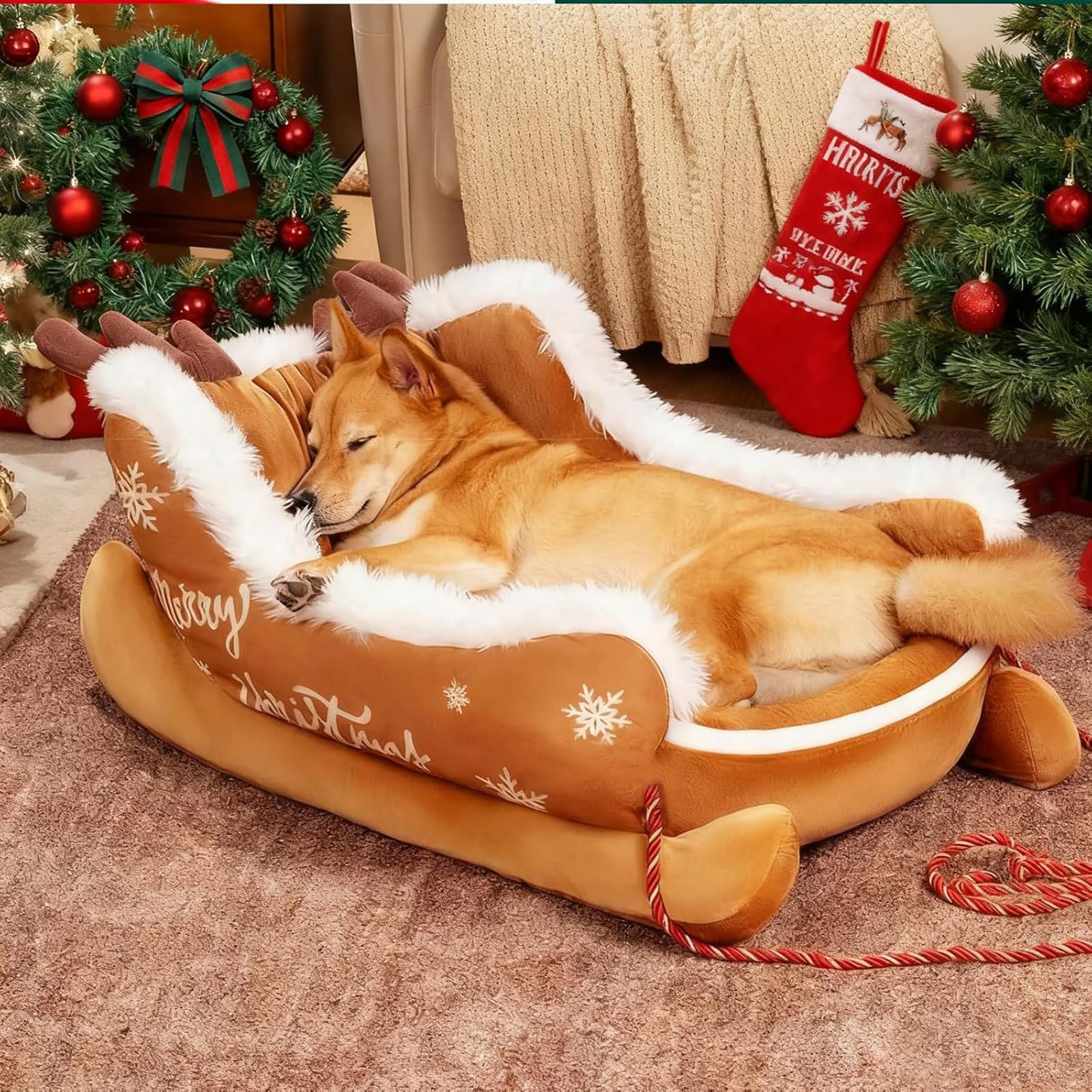 Festive Plush Cosy Dog Bed - Christmas Sleigh, Festliches Plüsch-Hundebett, Weihnachten Hundebett, Niedliche Katzenbett, Waschbar Rutschfest Weiche Haustierbett für kleine, große Hunde (Rot, L)
