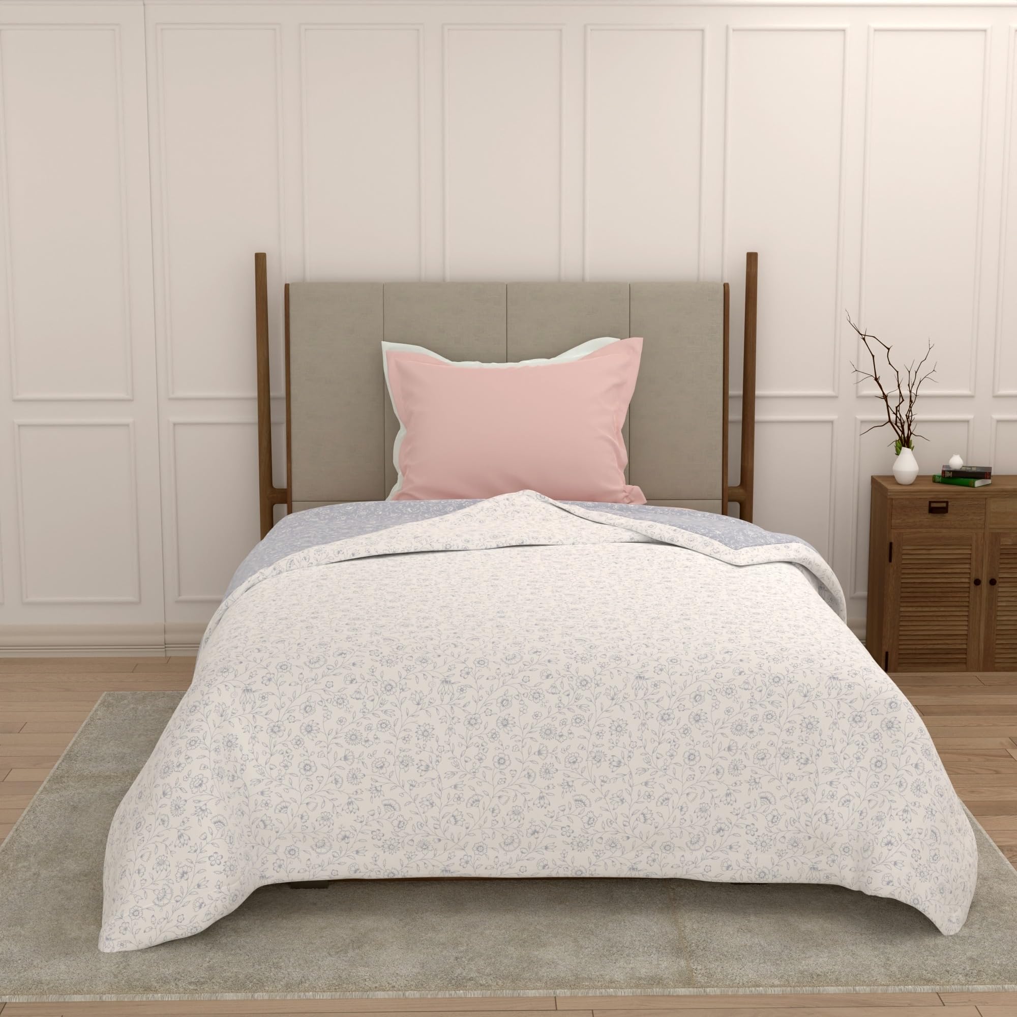 Raymond Home Dohar Single Bed 100% Cotton|180 TC 150 x220 cm Quilt Cooling Blankets for Monsoon | AC Comforter Single Bed | White & Blue, Floral Duvet | All-Season Blanket-image-19