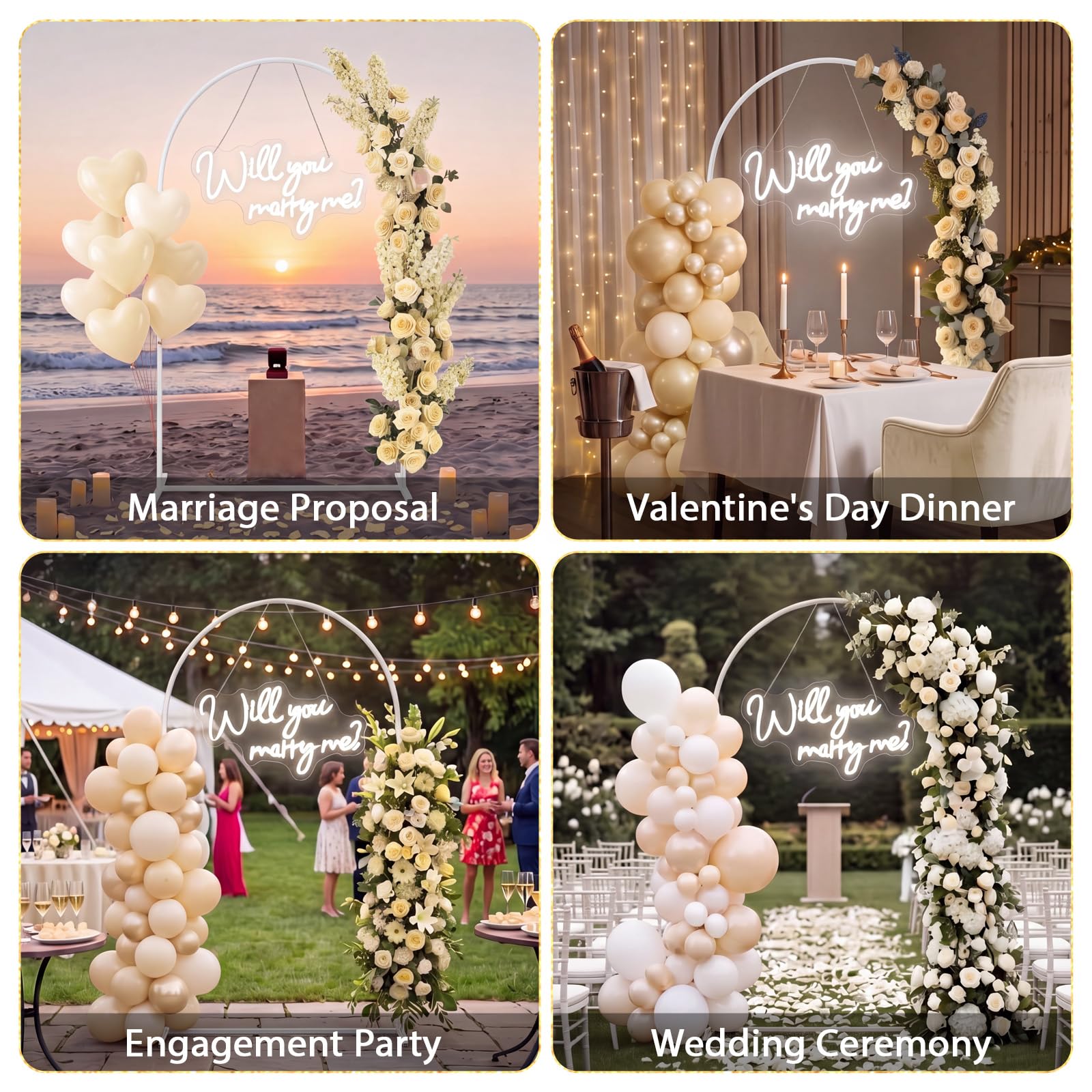 Coume Kit de decoración de propuesta de boda de 7 pies, letrero de neón grande de metal, 24 velas LED de corazón y 2000 pétalos de rosa blancos para propuesta al aire libre, boda, compromiso