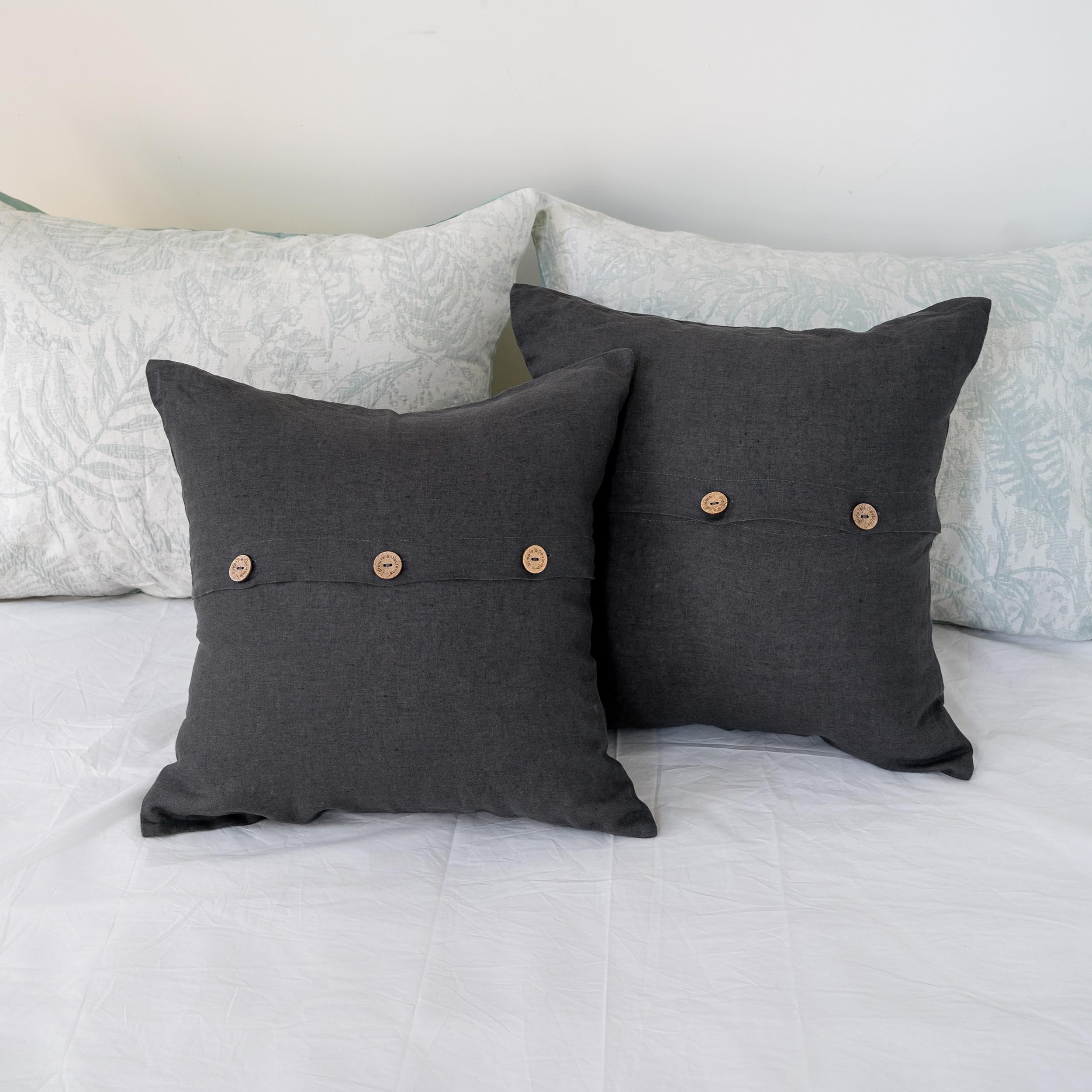 Simple&amp;Opulence Linen Throw Pillow Covers Pack of 2, Triple Coconut Button Vintage Farmhouse Natural Flax Decorative Square Cushion Cover for Sofa Couch Chair - Dark Grey, 18'' x 18''