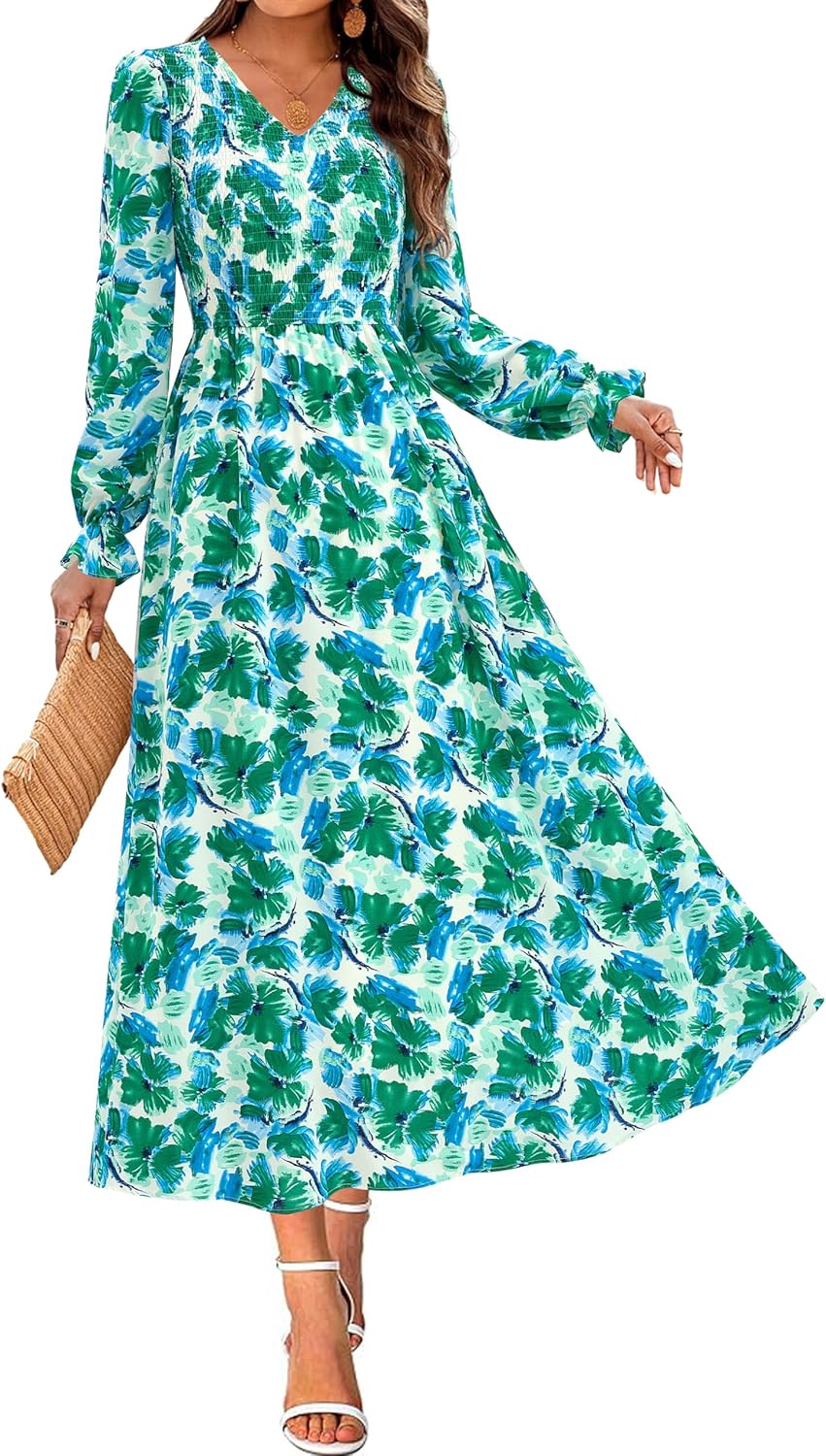 MASCOMODA Womens 2025 Fall Long Sleeve Floral Maxi Dress Casual Smocked V Neck Boho A Line Flowy Long Wedding Guest Dresses