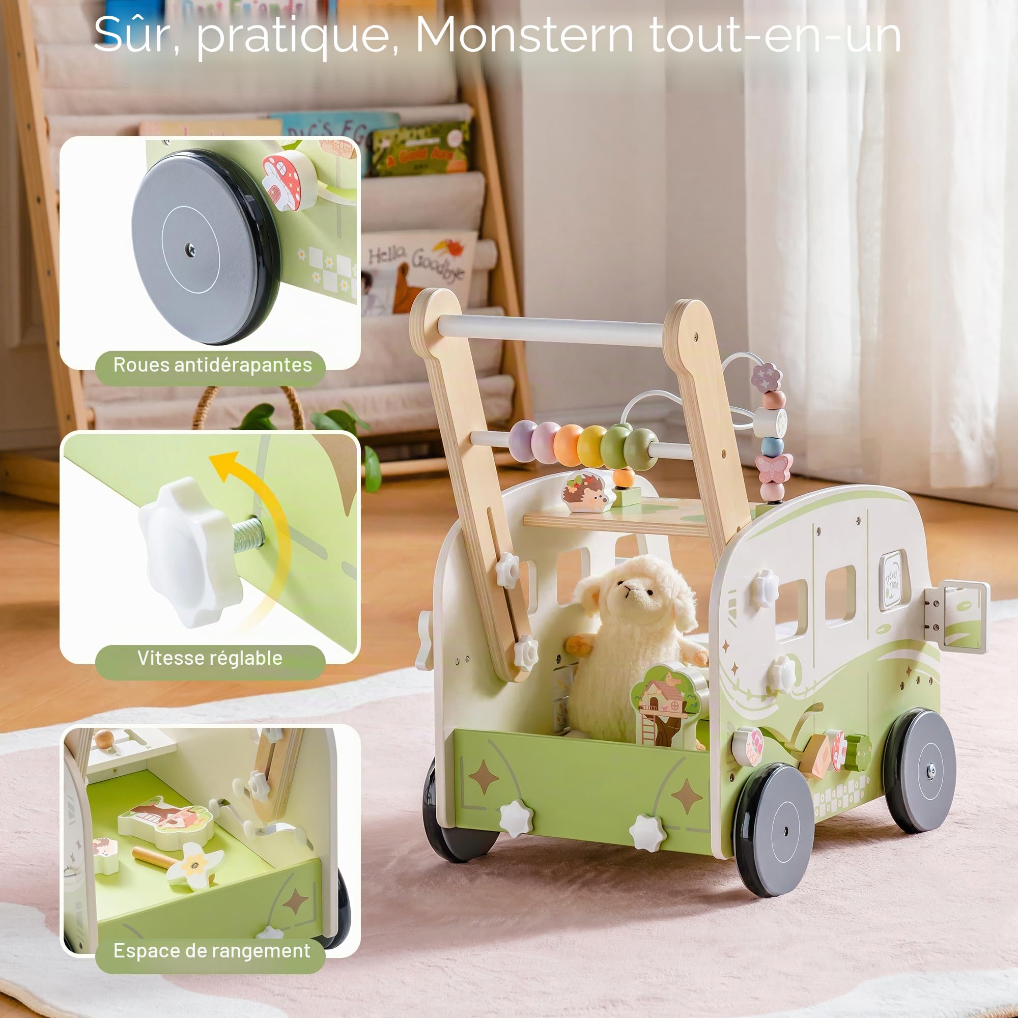 ROBOTIME Poussette d'apprentissage en bois multifonctionnelle avec réglage de la hauteur et contrôle de la vitesse, cadeau pour les tout-petits de 10 à 36 mois (animaux de la jungle vert)