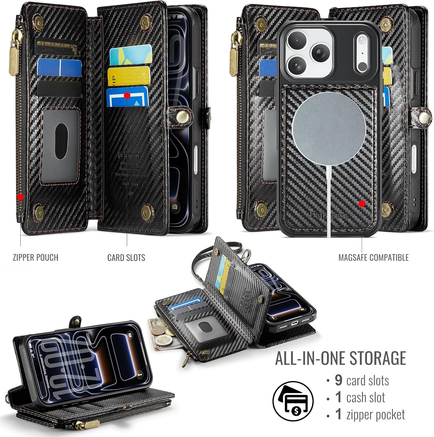 Defencase for iPhone 17 Pro Max Magnetic Wallet Case Compatible with Magsafe with RFID Blocking Zipper & Card Holder PU Leather Strap Detachable Case for iPhone 17 Pro Max 6.9", Carbon Fiber Black (Detachable with Magsafe)-Carbon Fiber Black