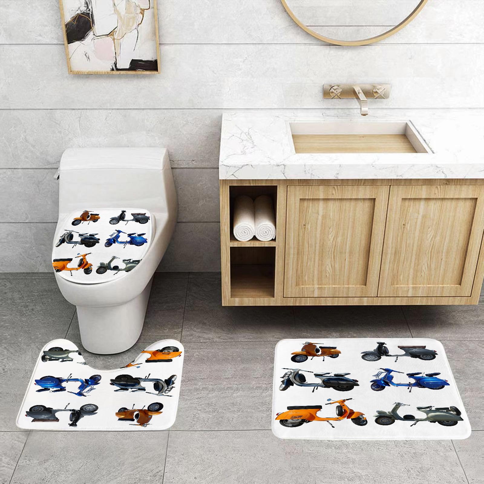 Set di 3 tappetini da Bagno, Lavabili in Lavatrice e Antiscivolo, in Morbida Fibra Superfine. Design Vintage e colorato con Un Divertente Scooter Vintage. Grafica contemporanea.