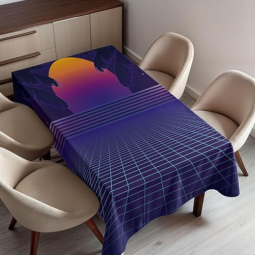 Ambesonne Synthwave Tablecloth, Retro Party Themed Graphic of Ombre Sun and Palm Trees Print, Rectangular Table Cover for Dining Room Kitchen Decor,