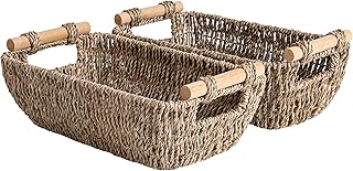 StorageWorks Small Baskets for Shelf, Seagrass Woven Basket with Wooden Handles for Gifts, 2-Pack
