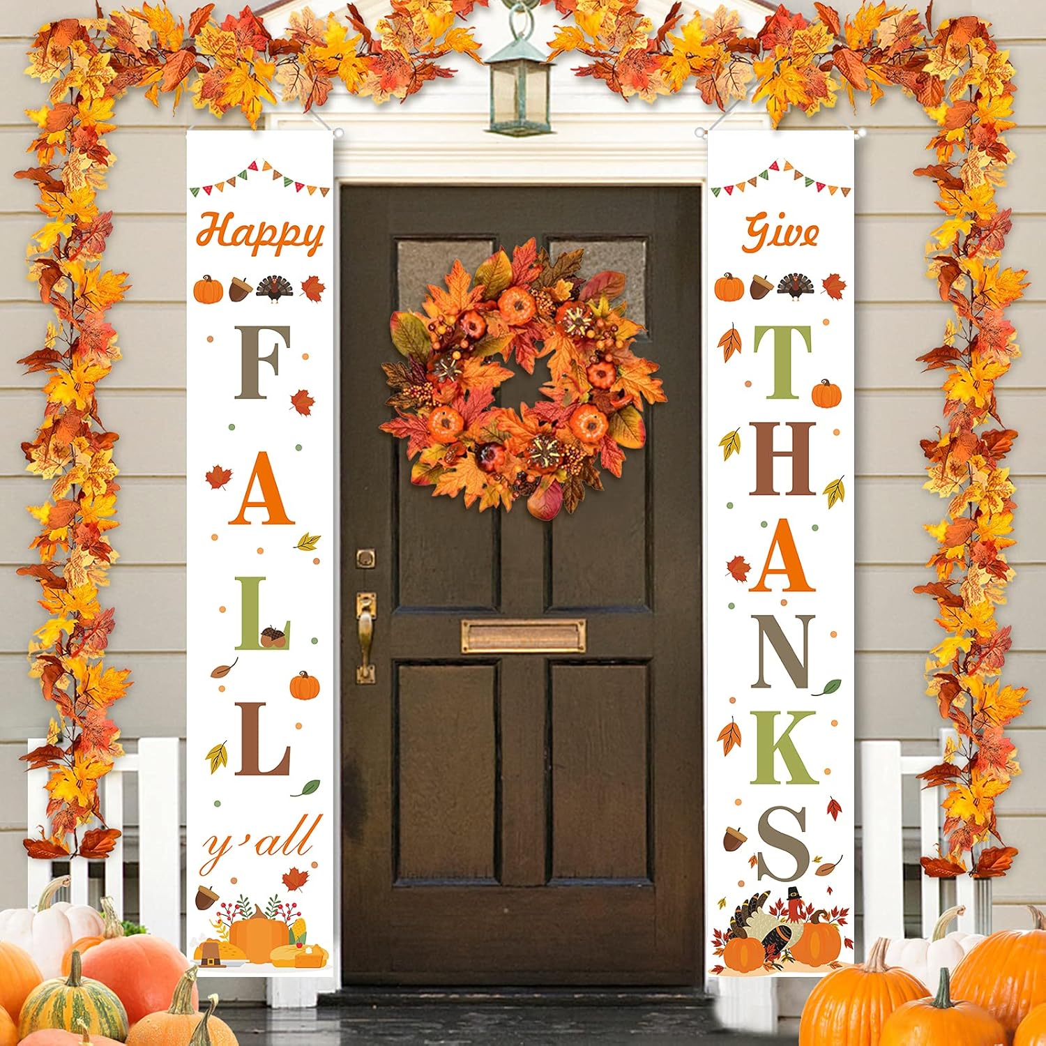 TGOOD Fall Porch Decorations-Happy Fall Yall & Give Thanks Hanging Banner 12 x 72 Inch,Thanksgiving Decorations for Home Indoor Outdoor Wall Welcome Autumn Party Décor