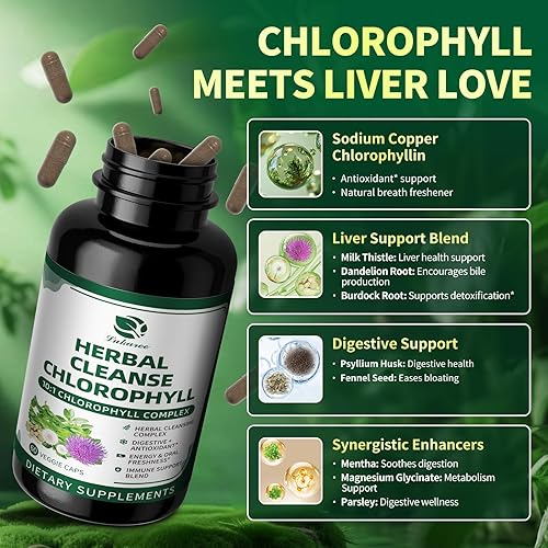 Miniatura 4 de Lukaree Cápsulas complejas de hierbas de clorofila, 60 cápsulas veganas de clorofila para desintoxicación, digestión, salud intestinal y de la piel,