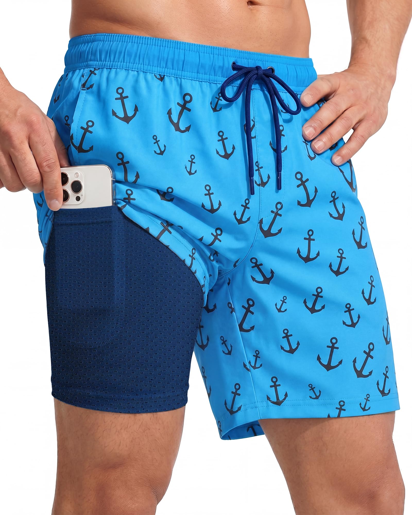 7 Inch 7in Men Swim Trunks mid-thigh Compression Liner Quick Dry Drawstring Swimwear Swimsuit Bathing Suit Fair Beach Water Shorts Big Tall Long Plus Size Large 3Xl 4Xl 5Xl Wear Attire Outfit Apparel
