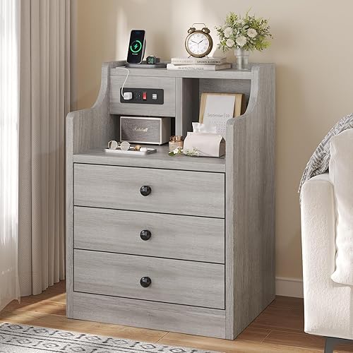 Miniatura 7 de Tiptiper Juego de 2 mesitas de noche grises con gabinete y estación de carga, mesita de noche con 3 cajones para dormitorios, juego de 2, mesa