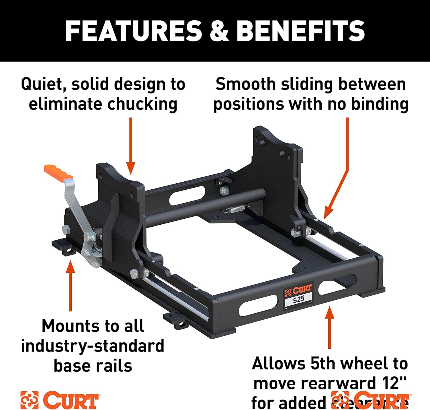 CURT 16574 S25 Sliding 5th Wheel Hitch for Short Bed Trucks, 25,000 lbs (Head Required)