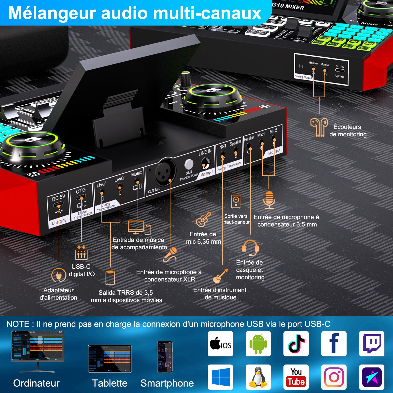 G10 Kit Podcast avec Micro Condenseur P15 et Table de Mixage Live Sound Board - Changeur de Voix, Réduction de Bruit, Mode Follow Singing Karaoké pour Streaming, Gaming, Chant, Podcast Débutant