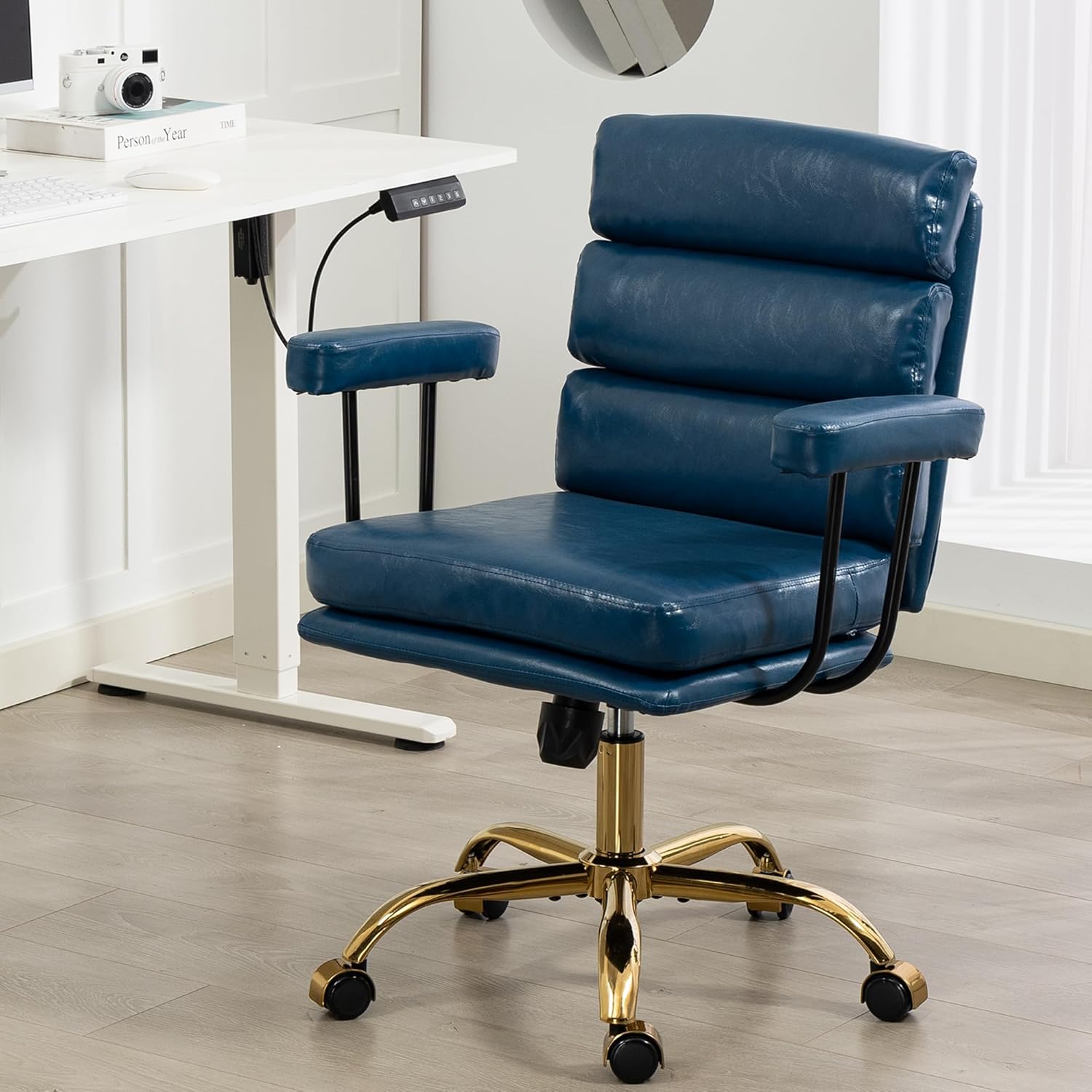 Faux Leather Home Office Desk Chair, Gold Base Makeup Vanity Chair with Wheels, Padded Seat and Armrests, Adjustable Height Swivel Executive Computer Chair, Blue