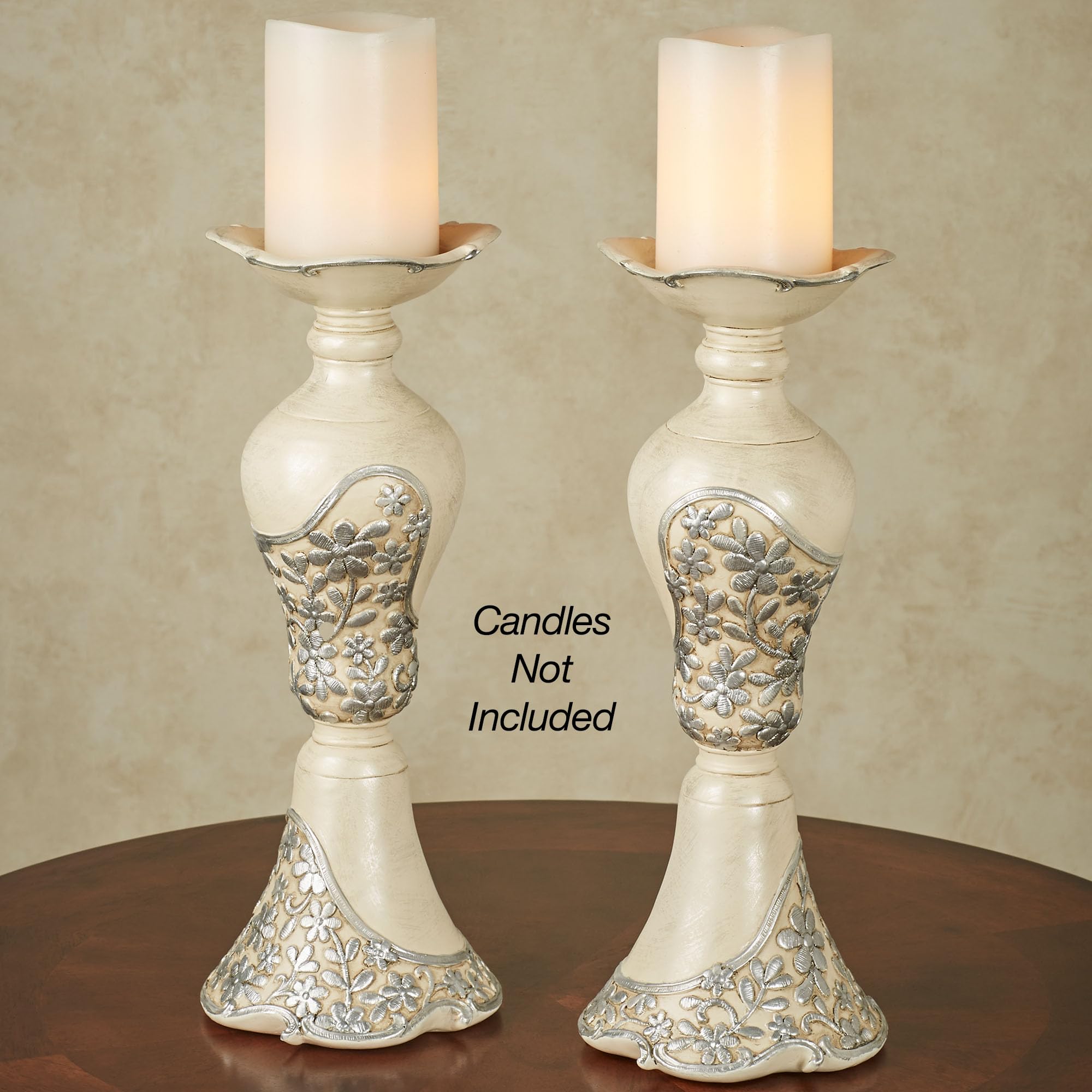 Floressa Metallic Ivory Silver Candleholder Pair