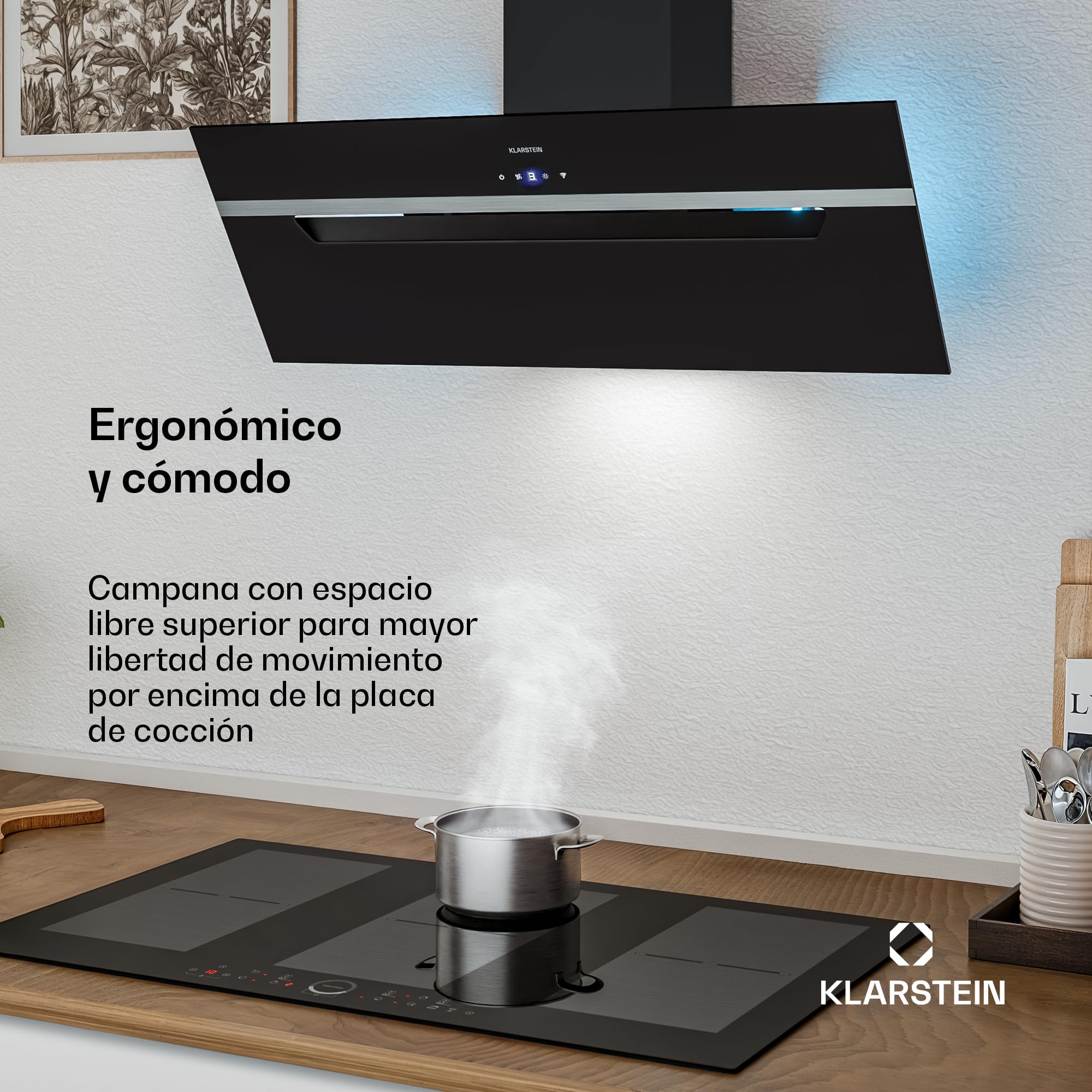 Klarstein BigBite Campana Extractora 90 cm - Angular, 417 m³/h, A+++, LED, 3 Velocidades & Turbo, Filtro Carbón, Táctil, Recirculación o Extracción, Campana Extractora Decorativa Cocina, Negro
