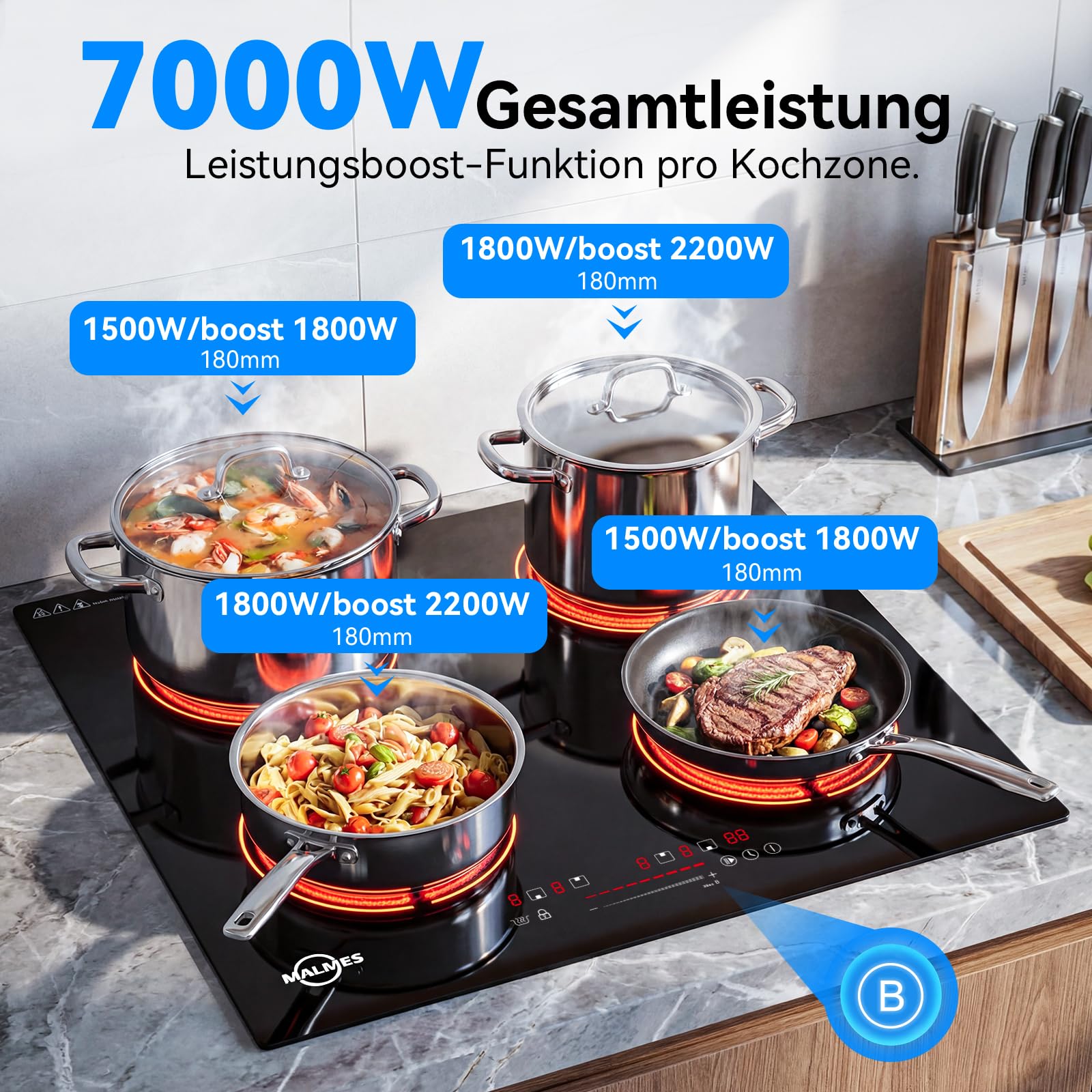 4 Platten Induktionskochfeld 60 cm, 7000W,Einbau Kochfeld Induktion | Power Booster Touch-Bedienung, 9 Leistungsstufen, Sicherheitsschloss, Touch-Bedienung, Zeitschaltuhr, D60474H1