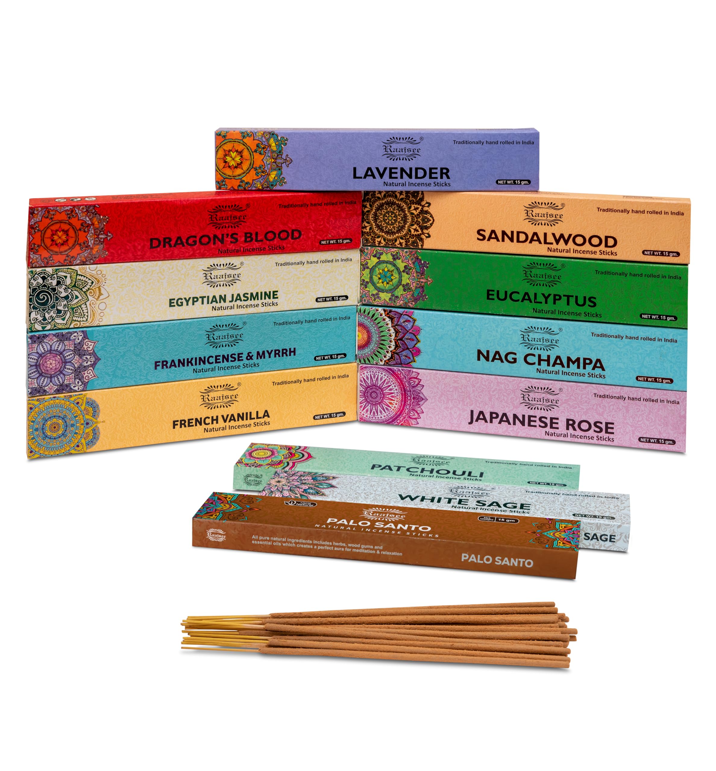 Incense Sticks Assorted Pack (180 gm), 100% Pure Organic Natural Hand Rolled Free from Chemicals - Perfect for Aromatherapy, Cleansing, Meditation, and Church (12 Pack)