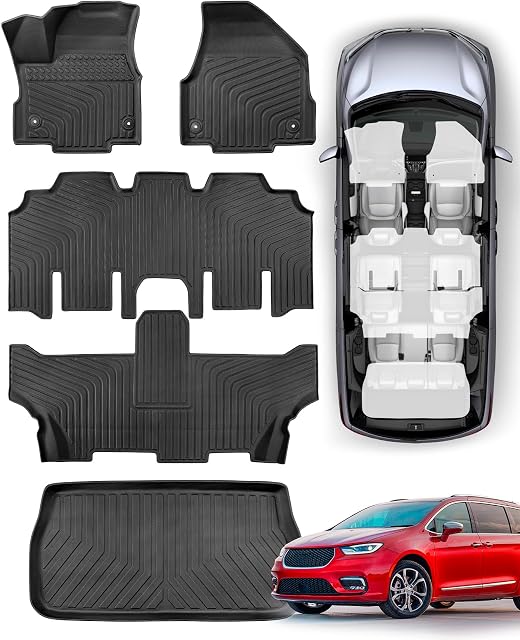for Chrysler Pacifica Voyager Floor Mats 7/8 Passenger 2017-2026, No Hybrid | All Weather Car Set,Front Rear Floor Liner Cargo, Car Interior Accessories,Heavy Duty, Waterproof, Non Slip,Easy Clean