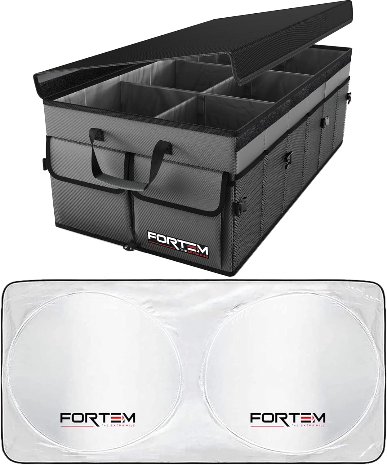 FORTEM Car Trunk Organizer (Grey, Extra Large) + Windshield Sun Shade