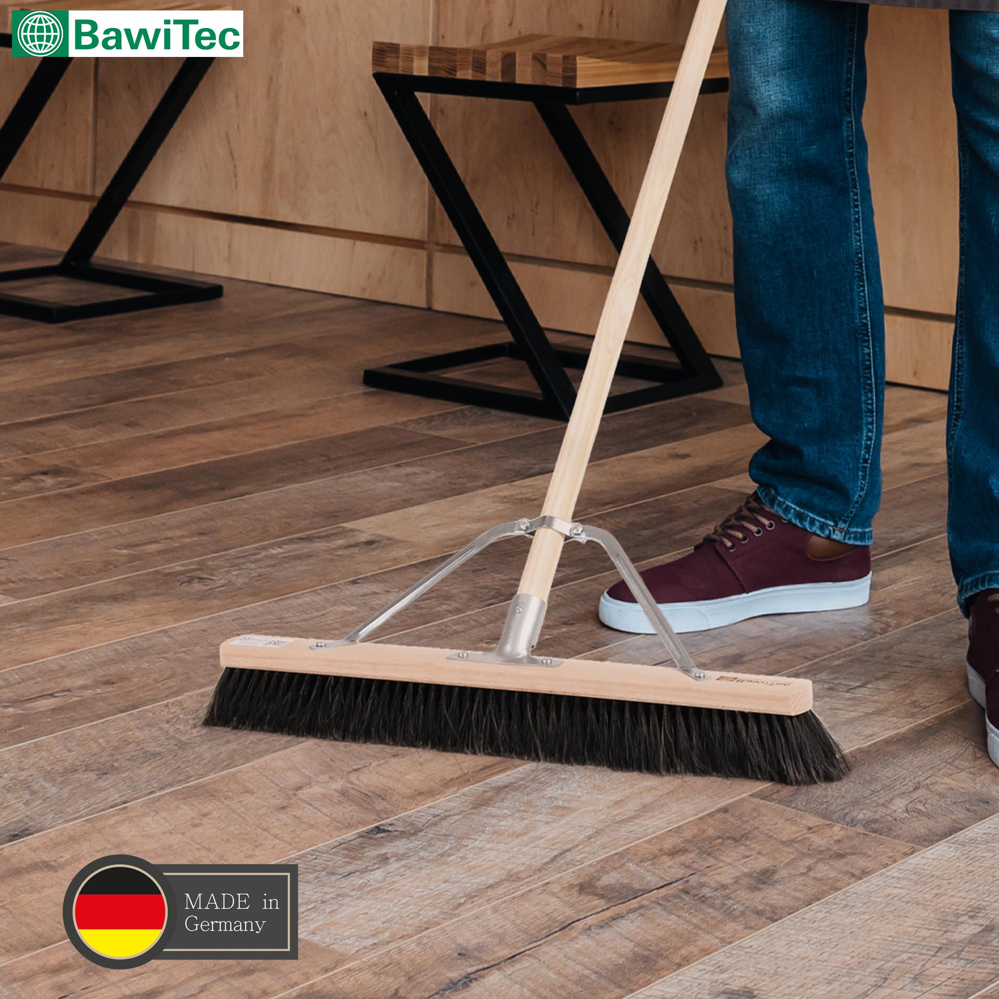 Rosshaar Saalbesen Besen 100cm mit Stiel 160cm und Stabi weiche Borsten | Spezieller Stielstabilisator/Zusatzhalterung, Besenstiel Ø28mm, Sehr weiche Naturhaar-Rosshaar-Borsten