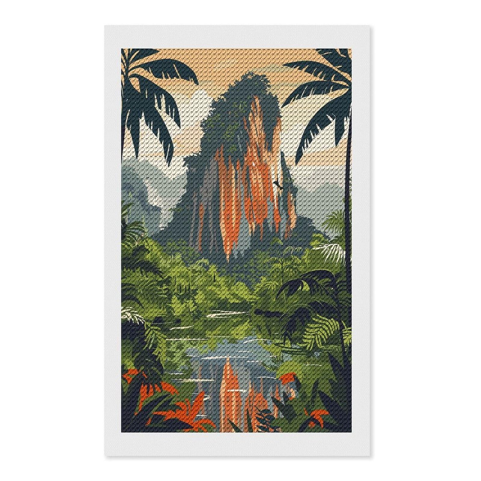 Junmoney Tropical Jungle Landscape with Mountain Diamond Painting Set 12"x20", for Beginners, Modern Decor, Simple to Start, Gift Idea, Pleasing Wall Art Project