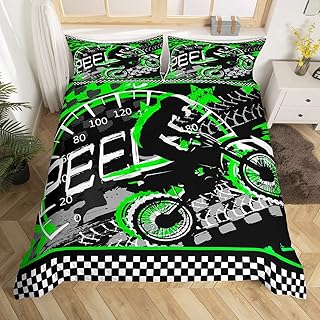 Feelyou Dirt Bike Duvet Cover Extreme Sports Bedding Set Racing Motocross Rider Comforter Cover for Boys Bedroom Decor Motorbike Bedspread Cover Fluorescence Green Twin Size with 1 Pillow Case