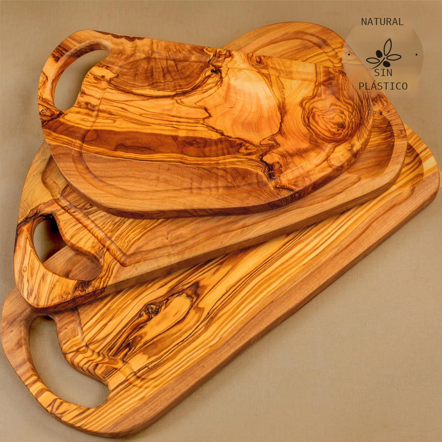 Madera de Olivo la Tabla de Cortar, Bandeja Con Asa Y Raspador, Forma Natural - 45cm