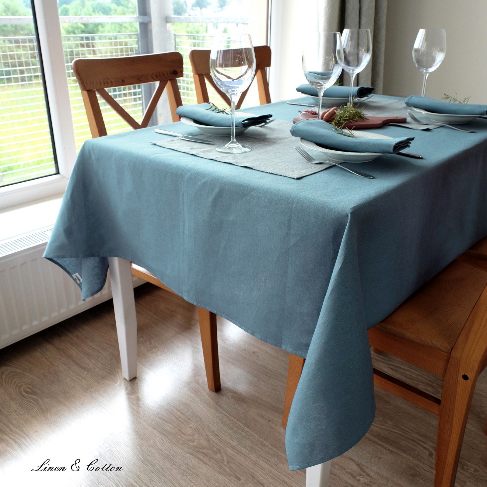 Linen & Cotton - Mantel de Tela de Lujo CAERULA, Rectangular -100% Lino (Azul, 147 x 200cm)
