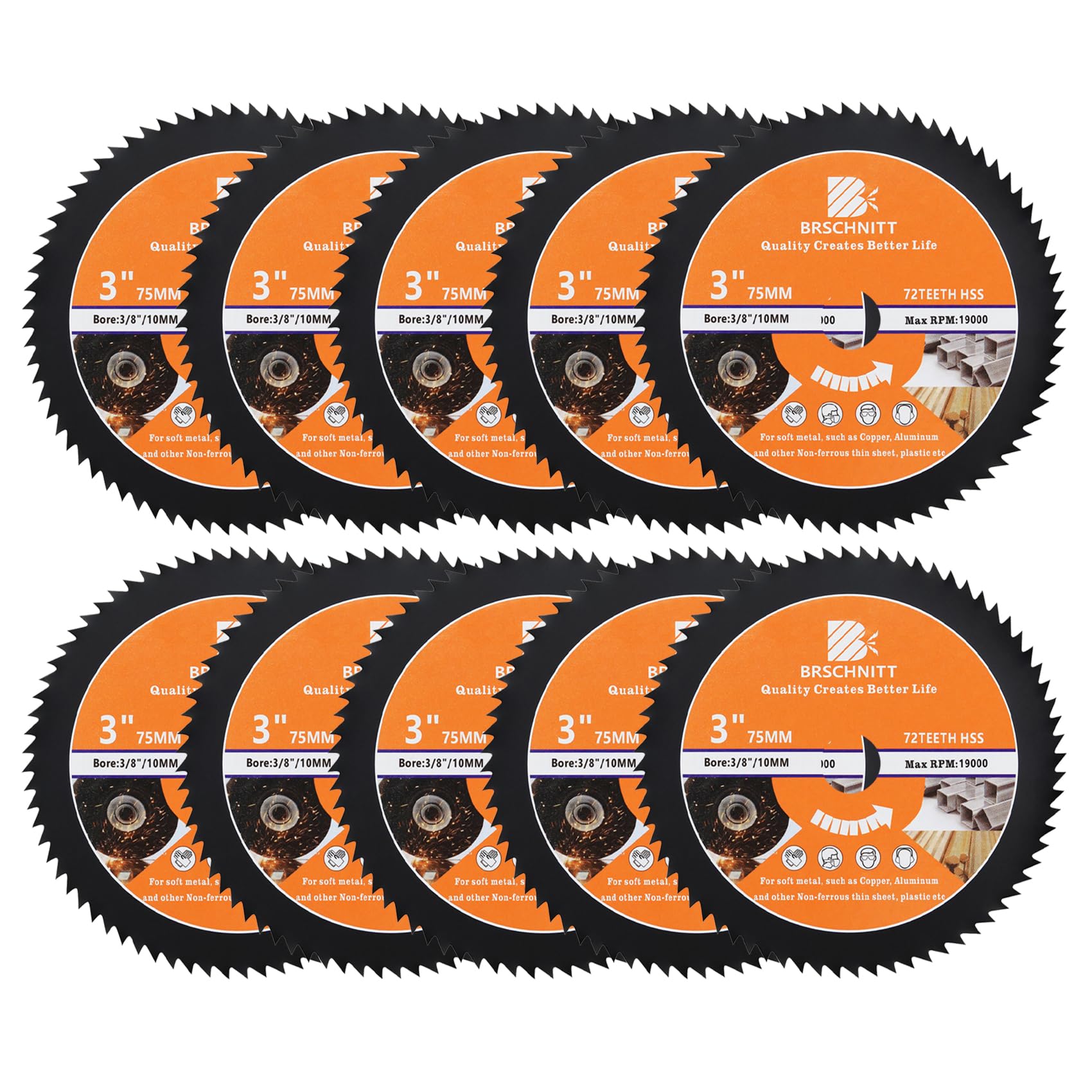 HSS Kreissägeblatt 75mm - BRSCHNITT 72T 10mm Bohrung Trennscheiben für Holz, Kupfer, Aluminium, Kunststoff und Weichmetall（10er-Set)
