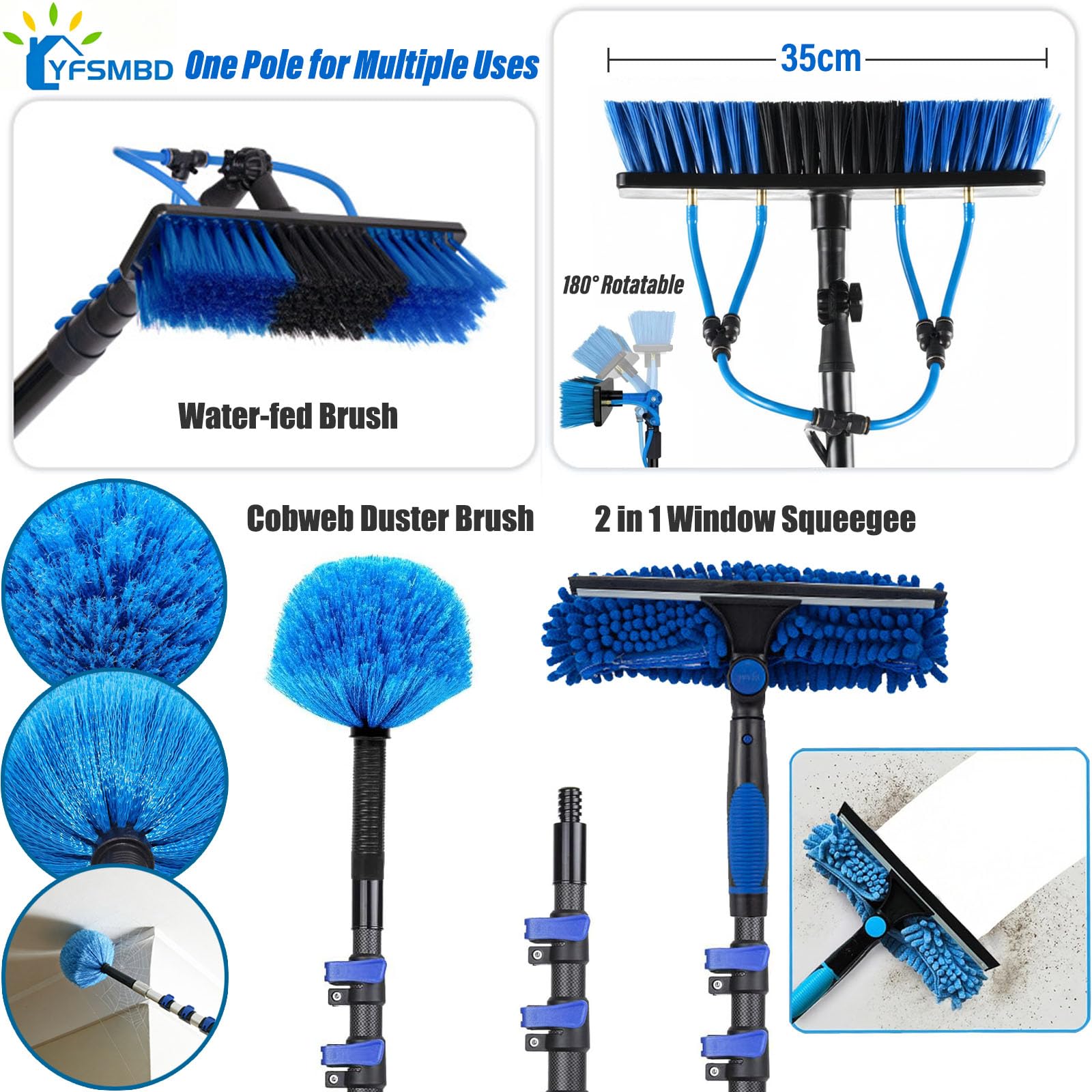 Kit Limpieza Placas Solares 3,6-20m | Pértiga Telescópica de Fibra de Carbono con Cepillo, Limpiacristales y Plumero | Depósito de Jabón | Limpieza Paneles Fotovoltaicos, Techo (35cm Cepillo,9m)