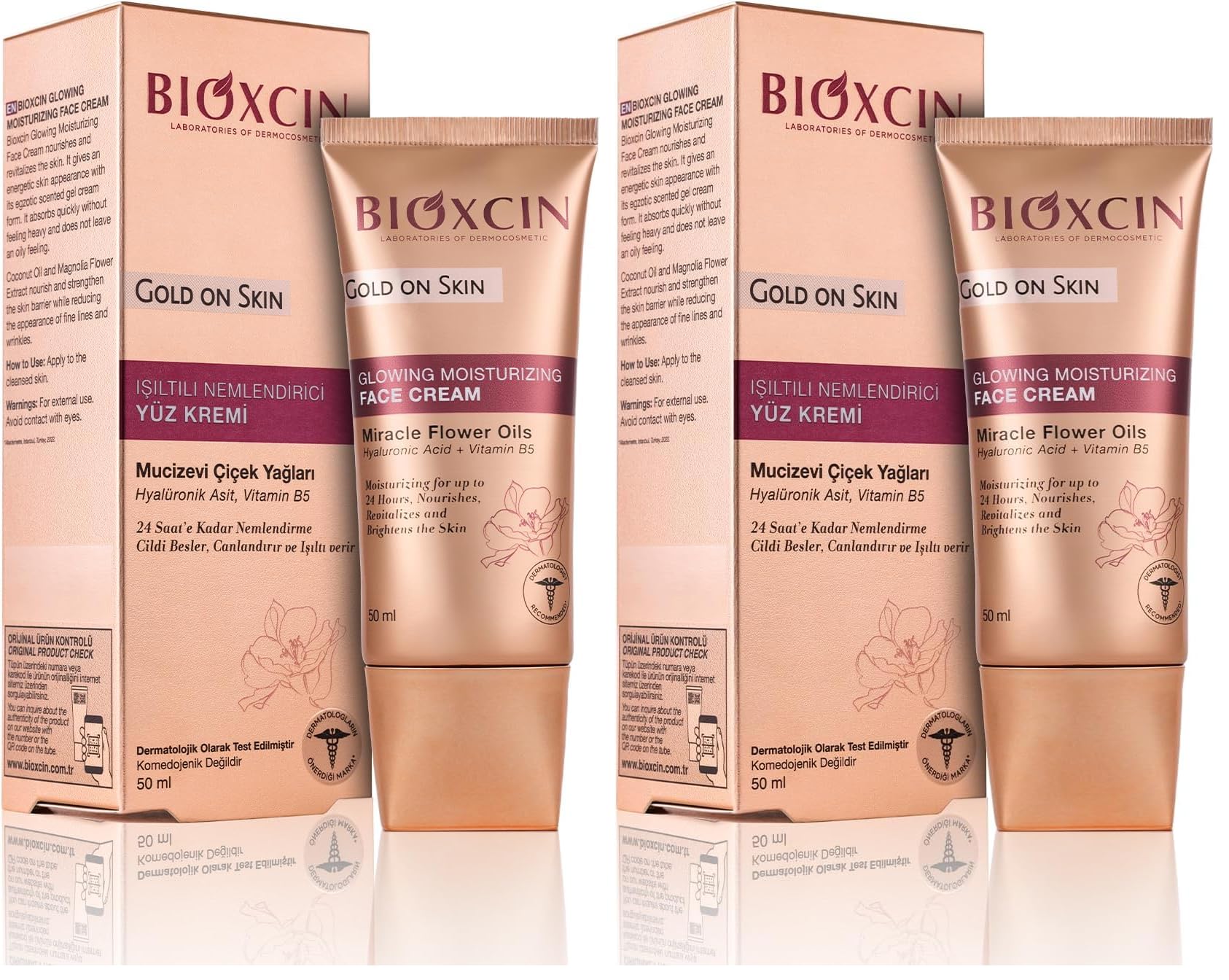 Bioxcin Gold On Skin Işıltılı Nemlendirici Yüz Kremi – Hyalüronik Asitli, Pantenollü, Çiçek Yağları ile Zenginleştirilmiş, Tüm Cilt Tipleri İçin, 50 ml (2 paketi)
