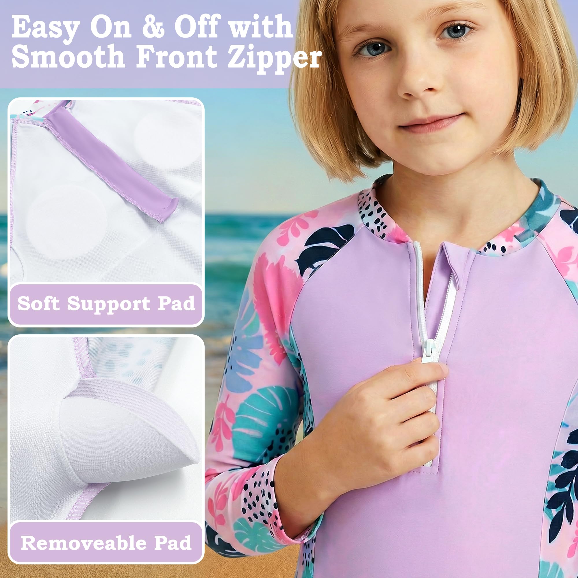 Traje de Baño Niña 2 Piezas Manga Larga Protección Solar, Estampado Top con Cremallera y Shorts Secado Rápido, Bañador Suaves Rash Guard Playa Piscina Ropa para 5-13 Años