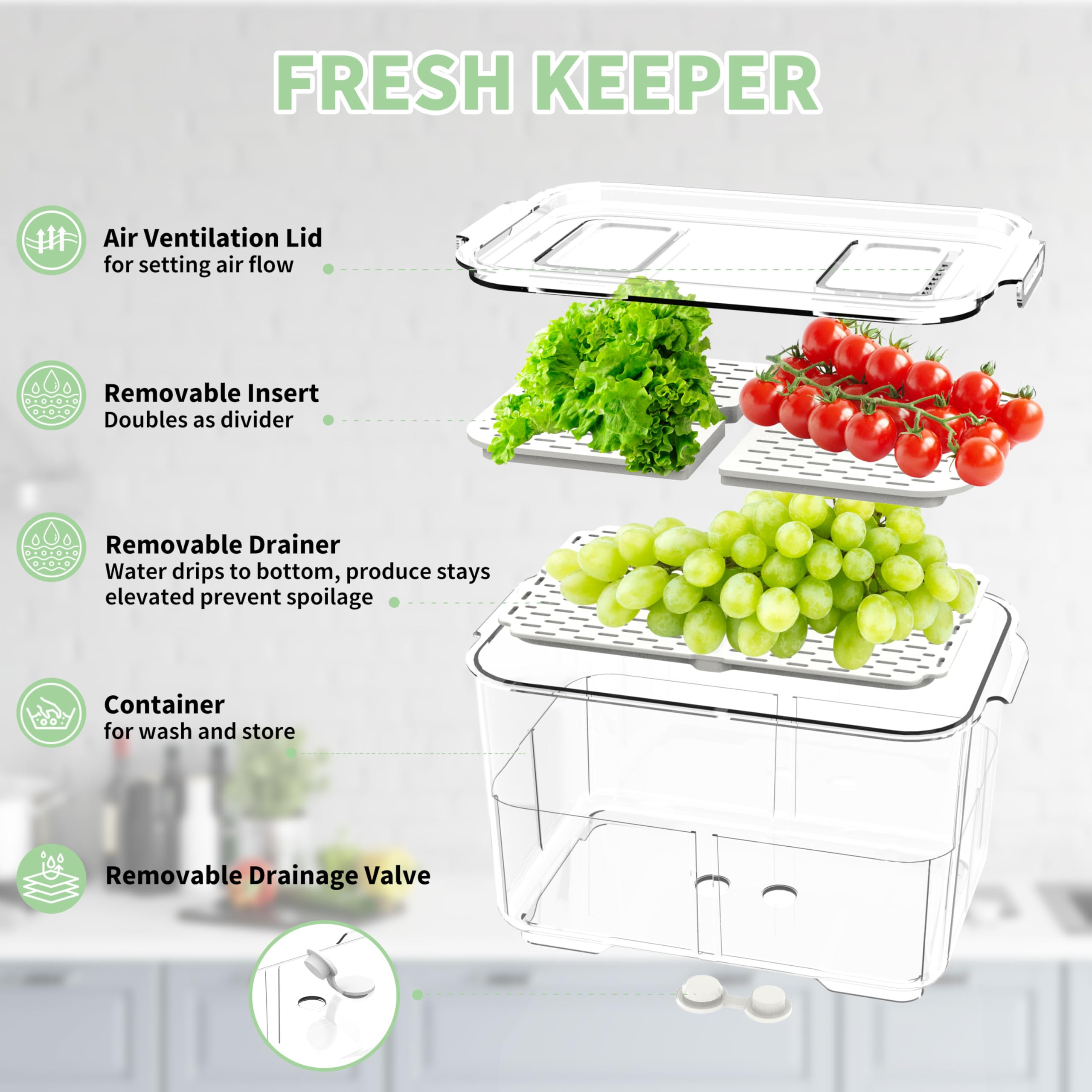 elabo Obst-Aufbewahrungsbehälter für den Kühlschrank, 2 Stück | BPA-freie und lebensmittelechte Behälter, halten Beeren und Gemüse frisch, große Kapazität mit herausnehmbarer Ablaufschale