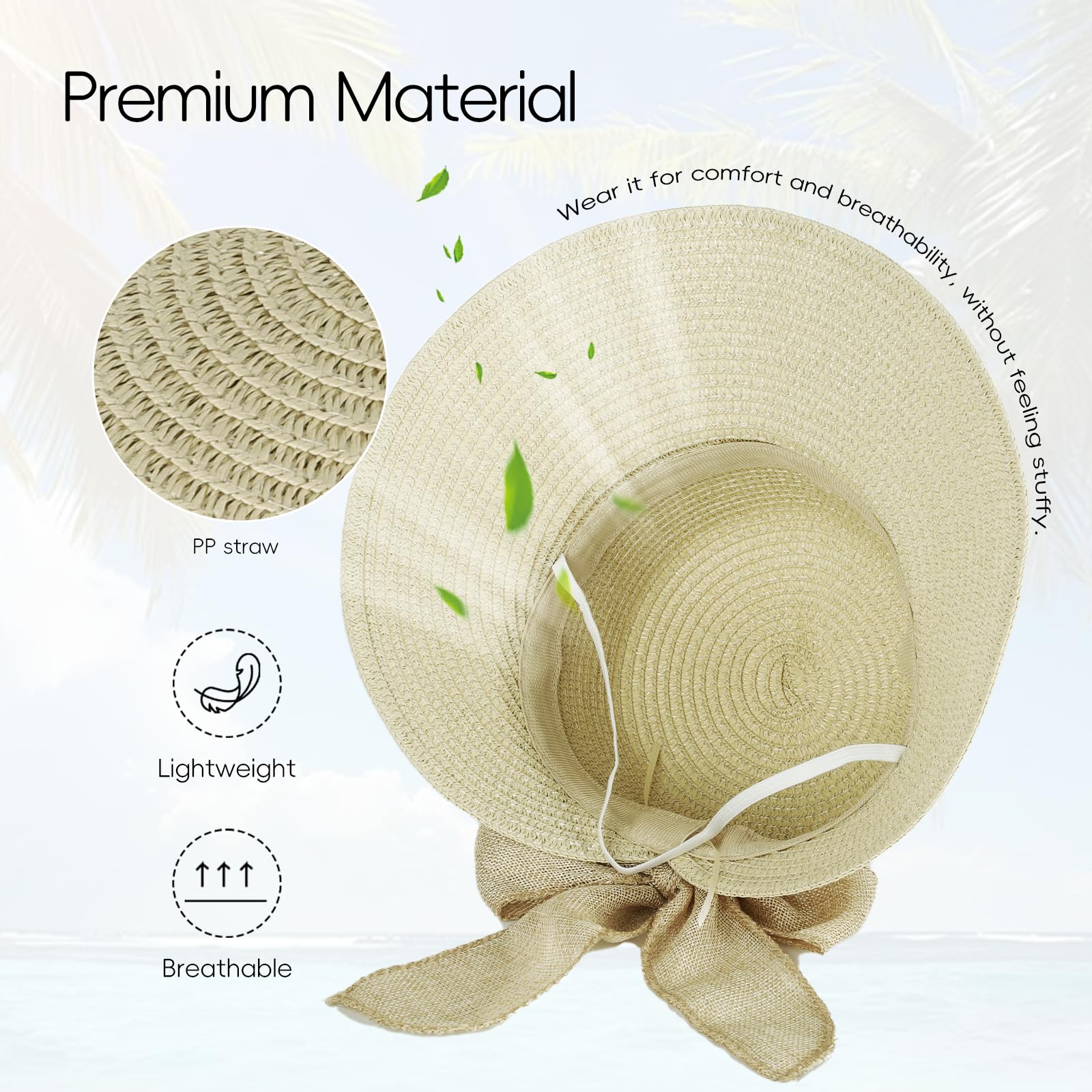 SUKUTU Cappello da spiaggia da donna, UPF 50+, protezione UV, cappello estivo di paglia con tesa larga, pieghevole e arrotolabile