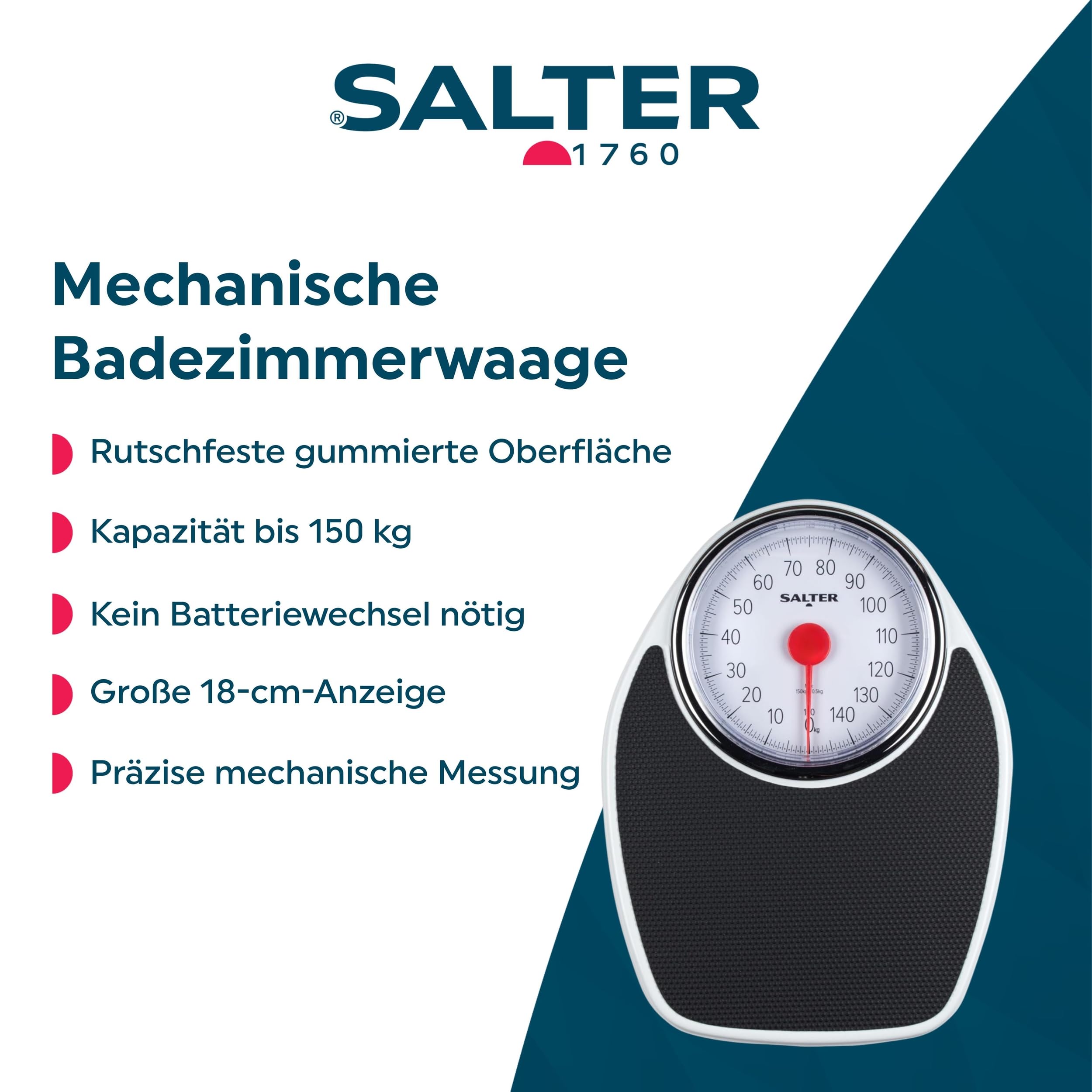 Salter 195 WHKR Personenwaage mechanisch – Fitnesswaage, Körperwaage, max. Kapazität von 150 kg, große Trittfläche, große 18-cm-Anzeige, Badezimmerwaage, gummierte Oberfläche, Messung in Kilogramm
