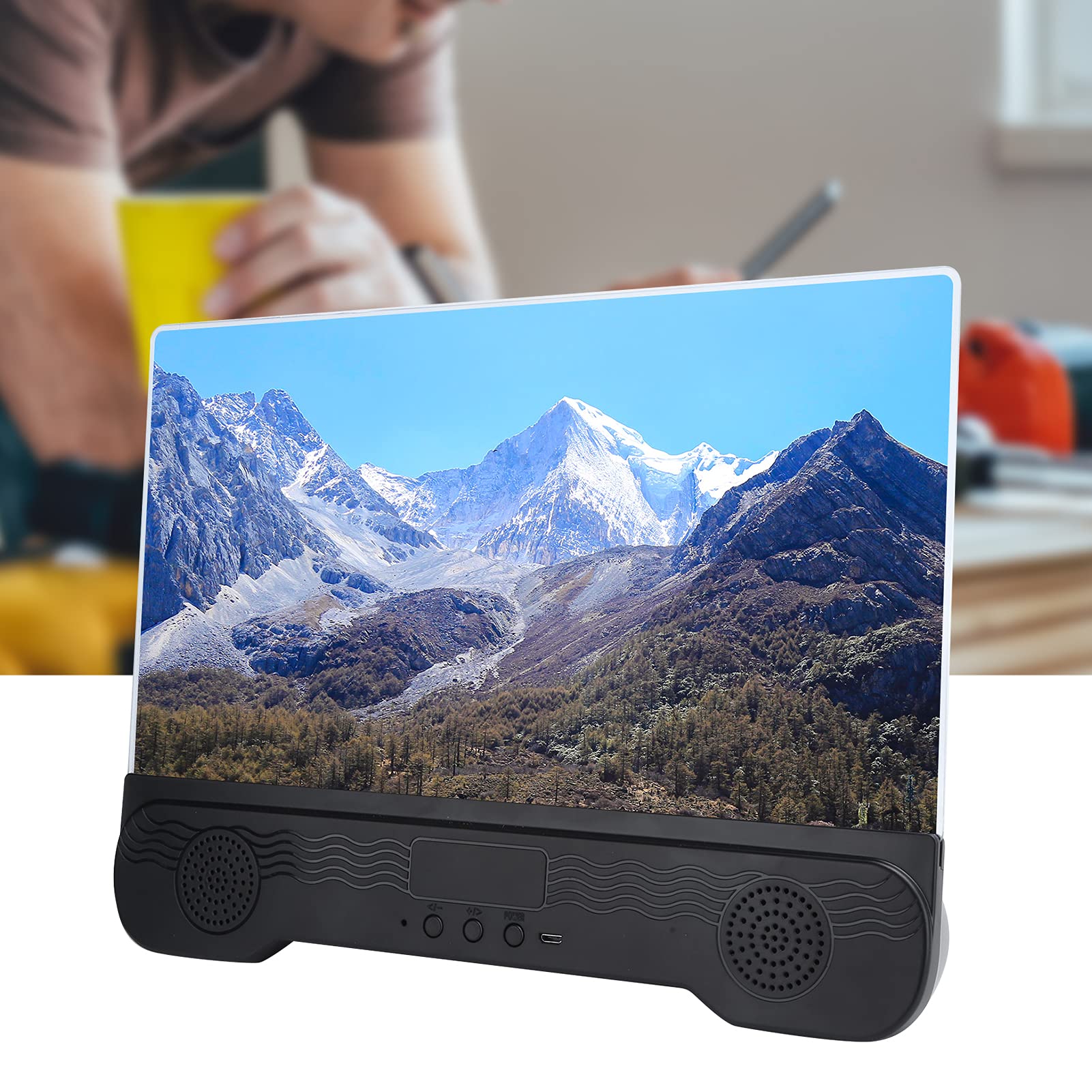 Denash Lupa de Pantalla de Teléfono de 14 Pulgadas, Tecnología óptica de Zoom HD con Altavoz, Material Antiluz Azul y Antideslumbrante, Soporte Ajustable para Teléfonos Inteligentes