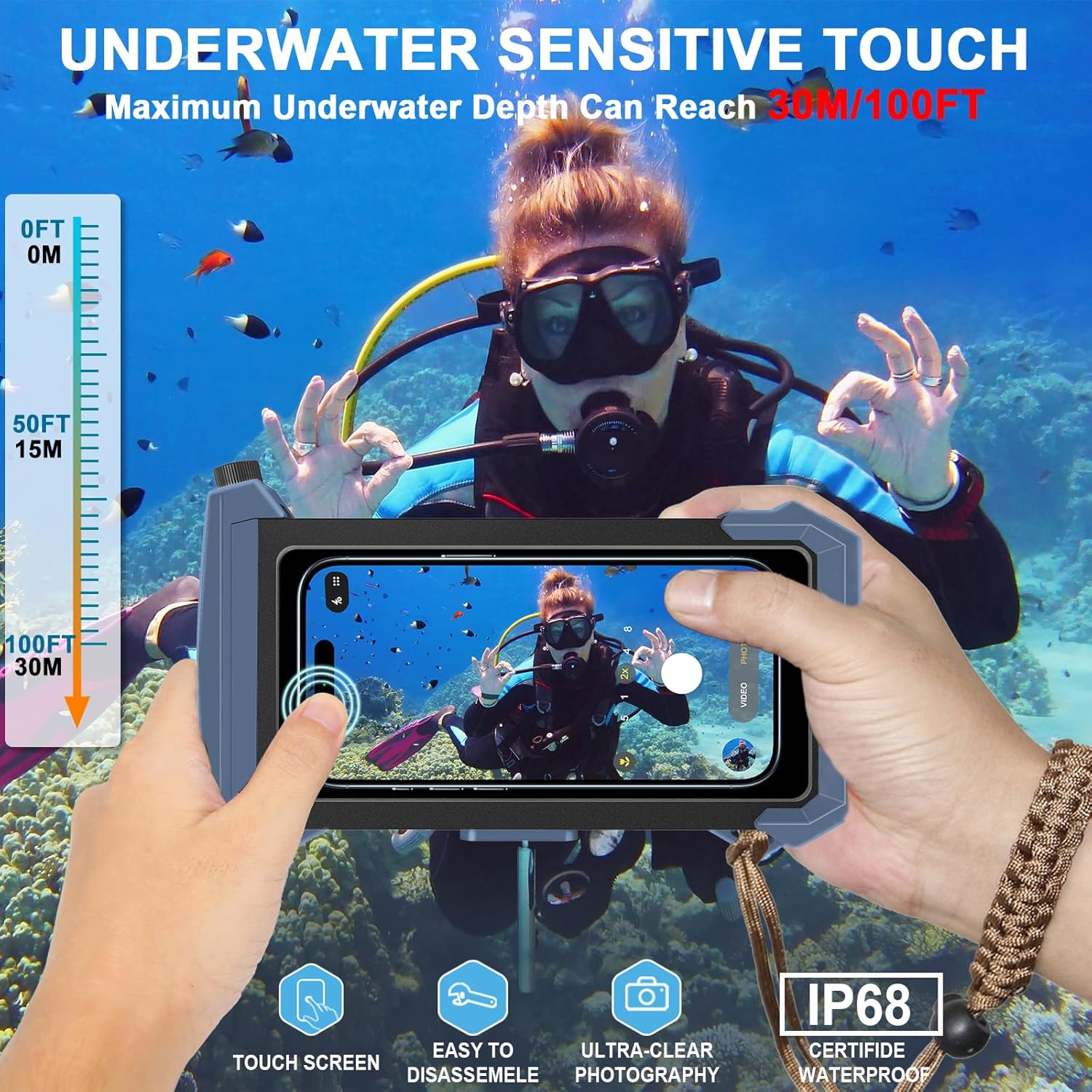2026 Diving Snorkeling Phone Case for iPhone 17/16/15/14/13/12/11 Pro Max/XS/X Samsung Galaxy S26/S25/S24 Professional Scuba Dive Waterproof Underwater Photo Video Cover (5TH Gen, Blue-)