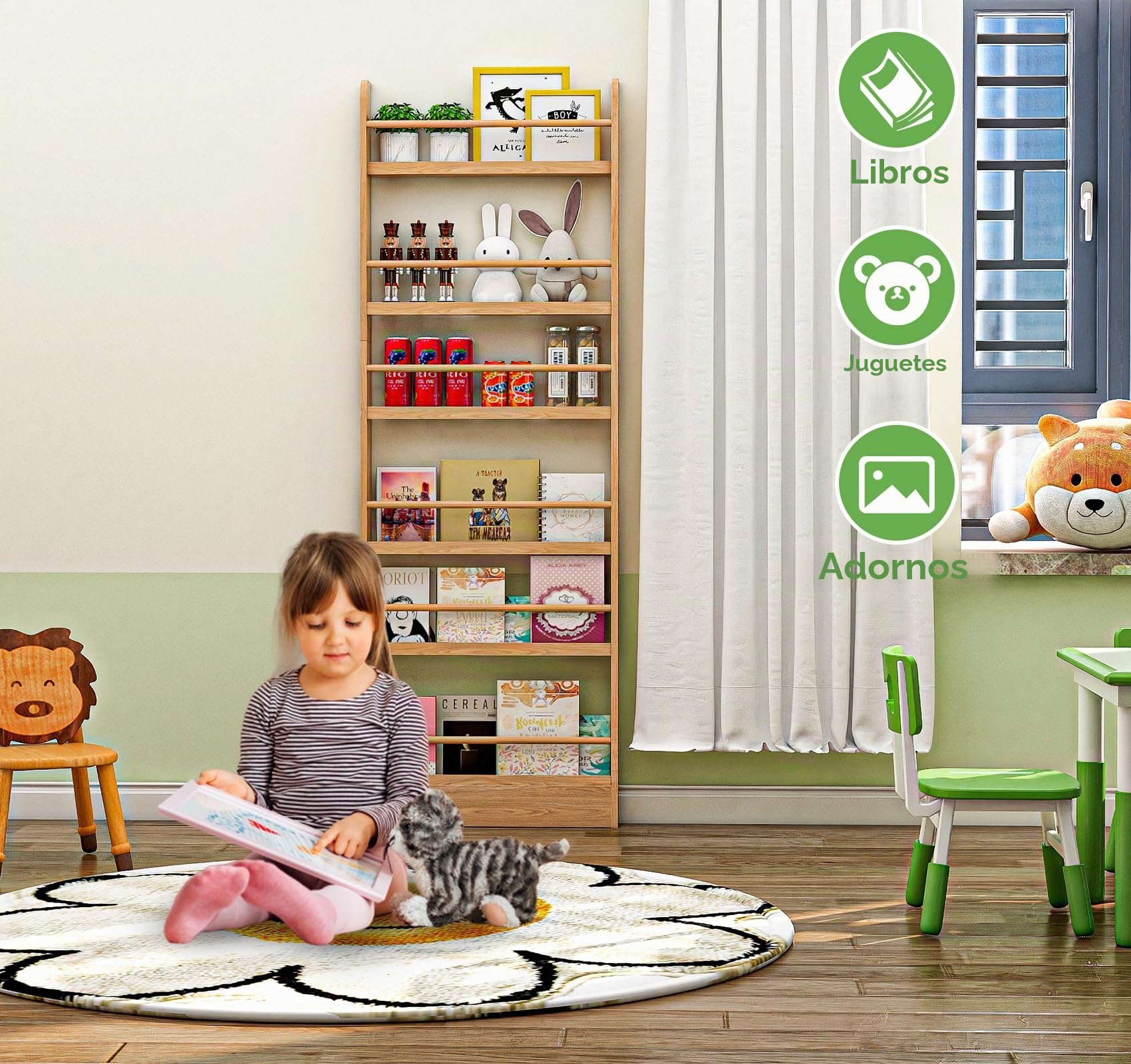 MYOYAY Estantería para niños detrás de la puerta, soporte de pared, organizador de 6 niveles para juguetes y libros, ahorra espacio, estantería estrecha de madera maciza
