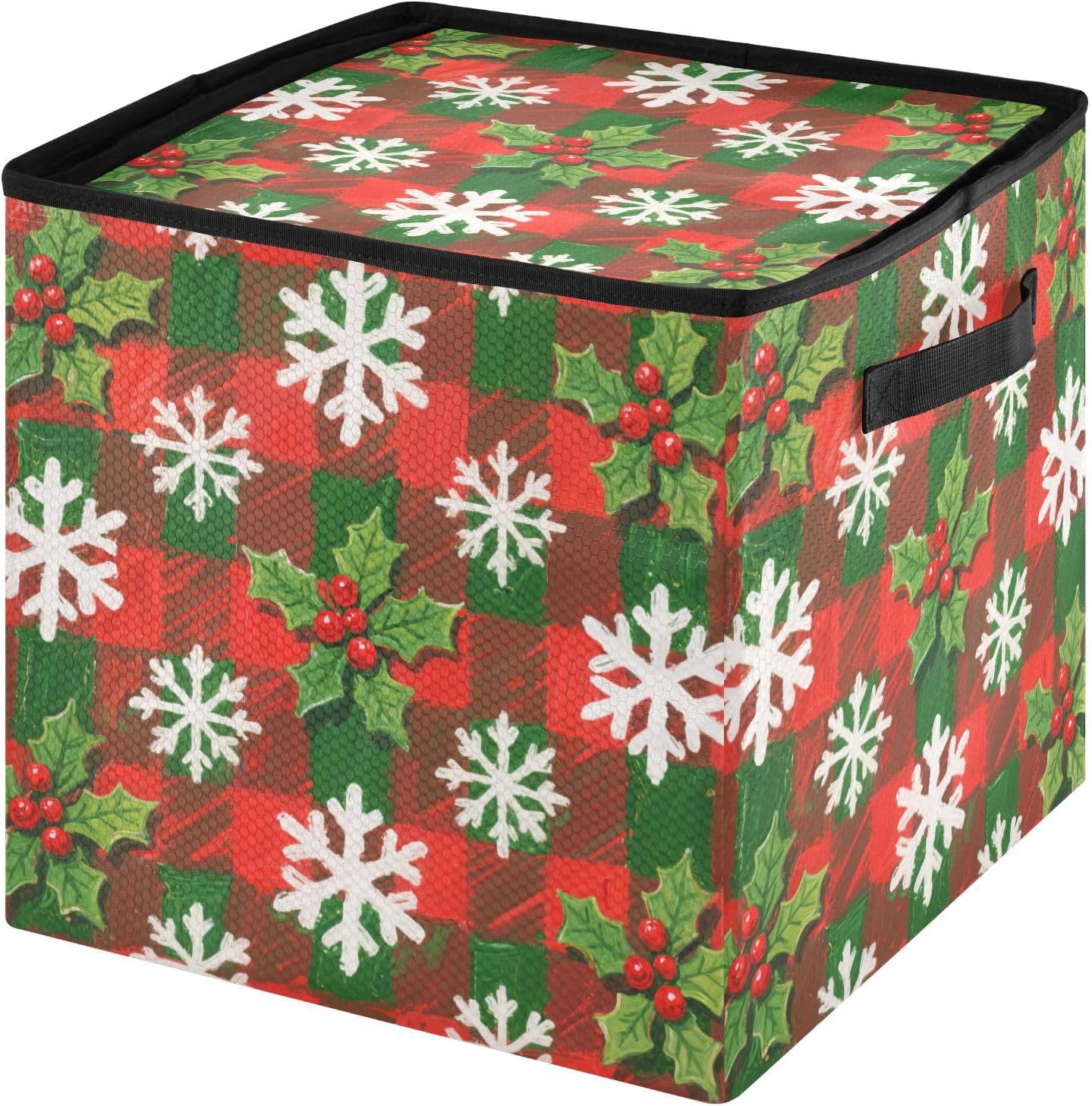 High Capacity Christmas ornament organizer Holds Up to 64, Adjustable Dividers, Zippered Top, Two Handles Large Holiday Storage Case with Lid,Merry Christmas White Snowflakes Holly