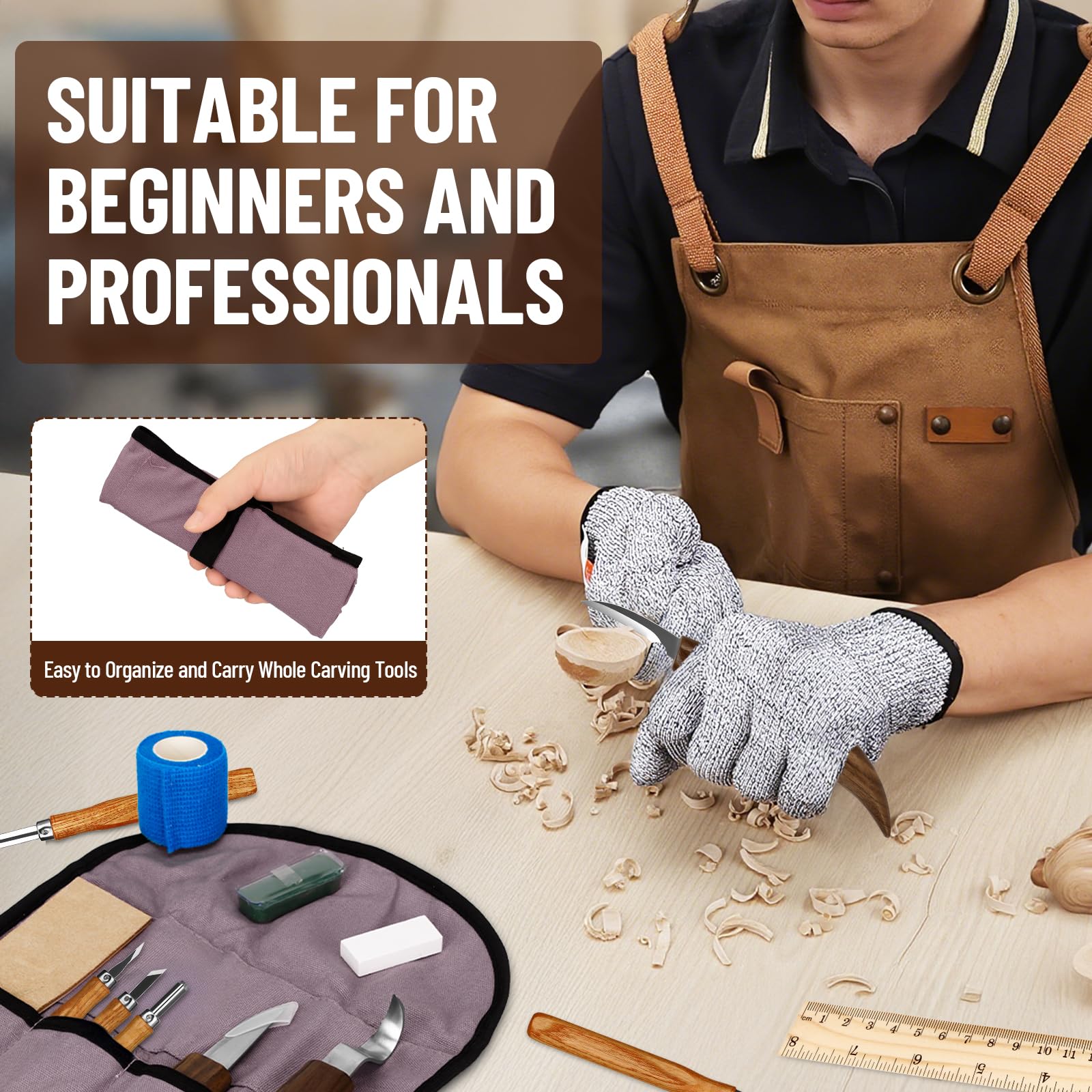 Kit Intaglio Legno 33 Pezzi,con blocchi di legno,coltelli e accessori pratici per intaglio sicuro e creativo;set di coltelli da intaglio,perfetto per principianti,hobbisti e come regalo creativo