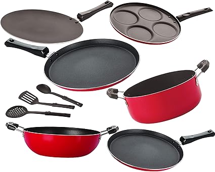 Nirlon Non Stick Kitchen Essential cookware Set with Bakelite Handle-9 Pieces, Red & Black [26_FT12_CT_KD13_FT10_Cass20_UP4_3SPN]