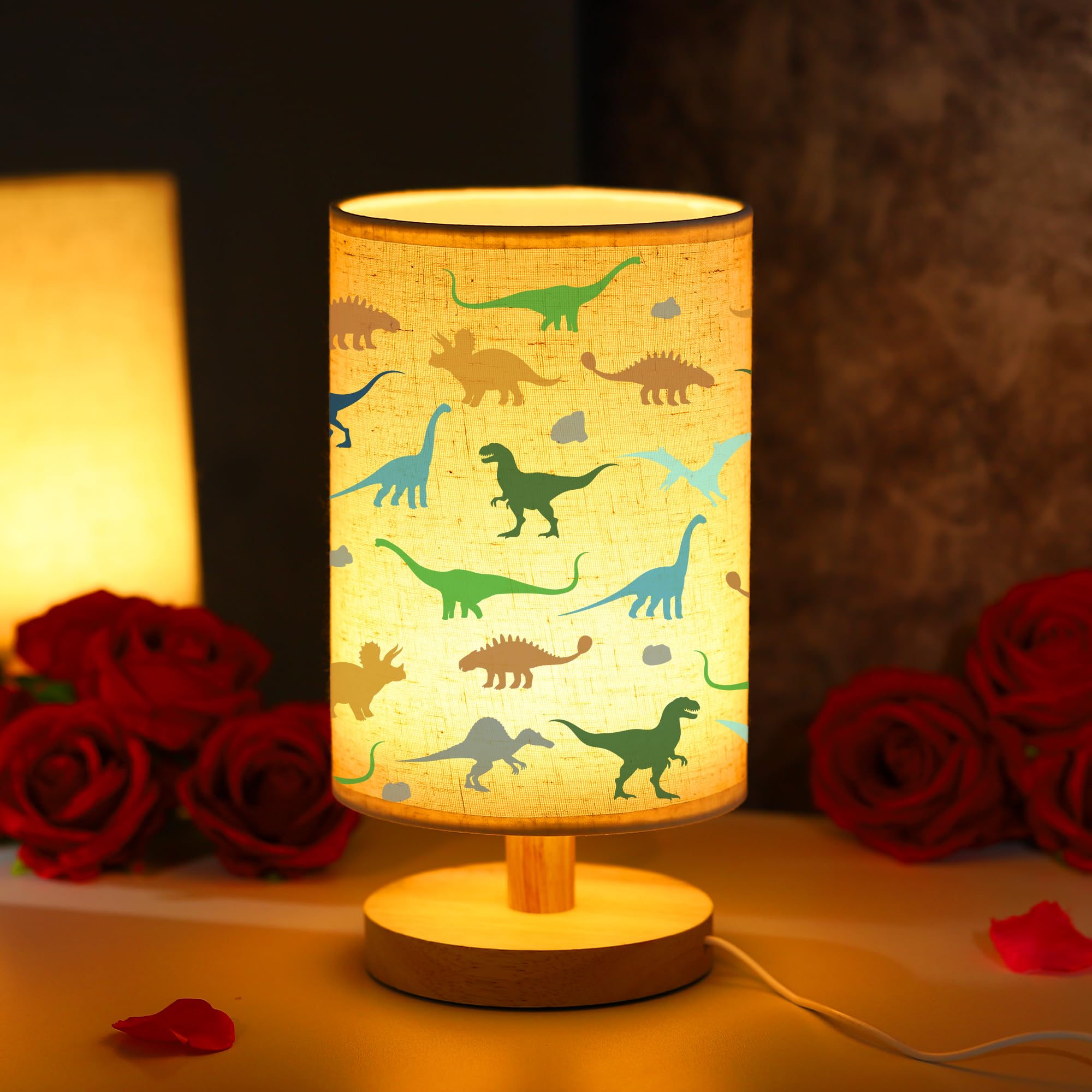 TURMTF Dinosaur Table Lamp - USB Powered Wood Base Night Light, Cute Dinosaur Decor for Bedroom/Living Room, Gift for Birthday/Christmas, Linen Shade