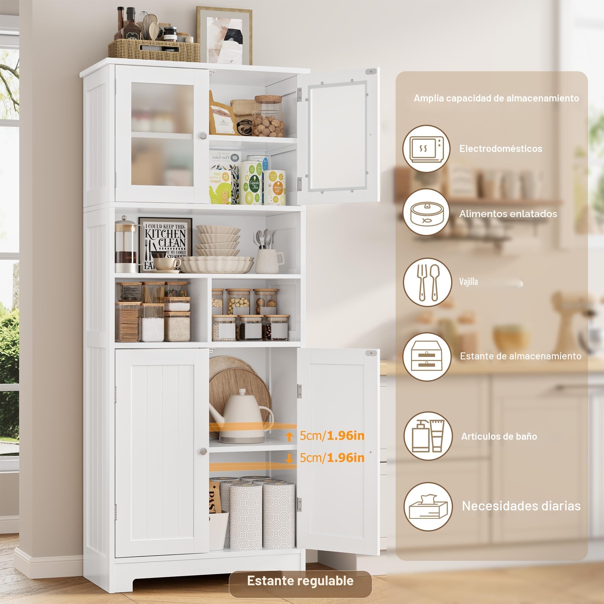 HOCSOK Mueble Columna de Baño, Mueble Auxiliar de Almacenaje con 4 Puertas y Compartimentos de Almacenamiento, Armario de Madera de Suelo para Entrada, Salón y Cocina, Blanco