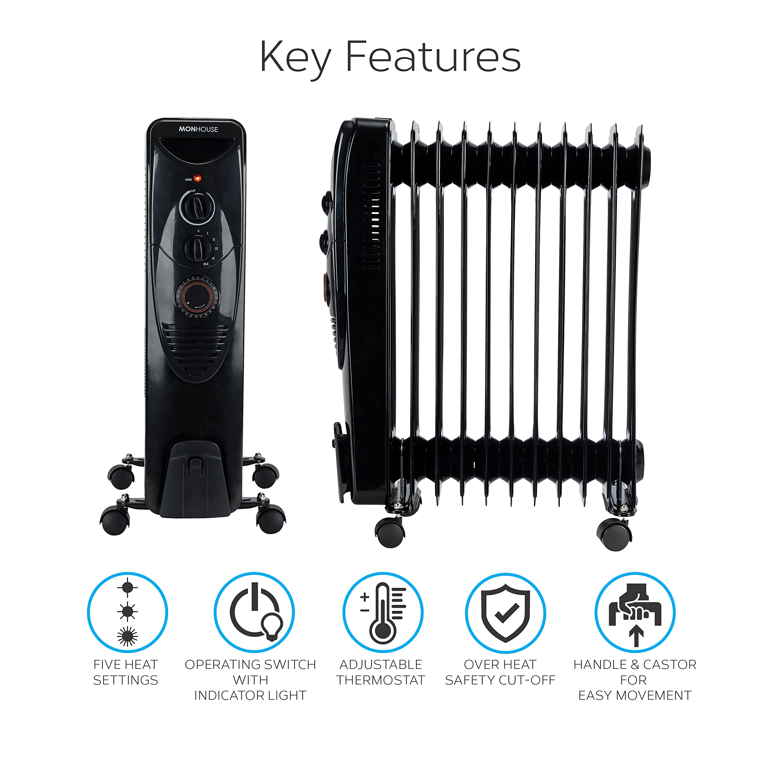 MONHOUSE Oil Filled Radiator – Plug in Portable Electric Heater – 5 Power  Settings, Adjustable Temperature/Thermostat - Thermal Safety Cut Off, 24  Hour Timer u0026 Fan – 11 Fins 400W Up To