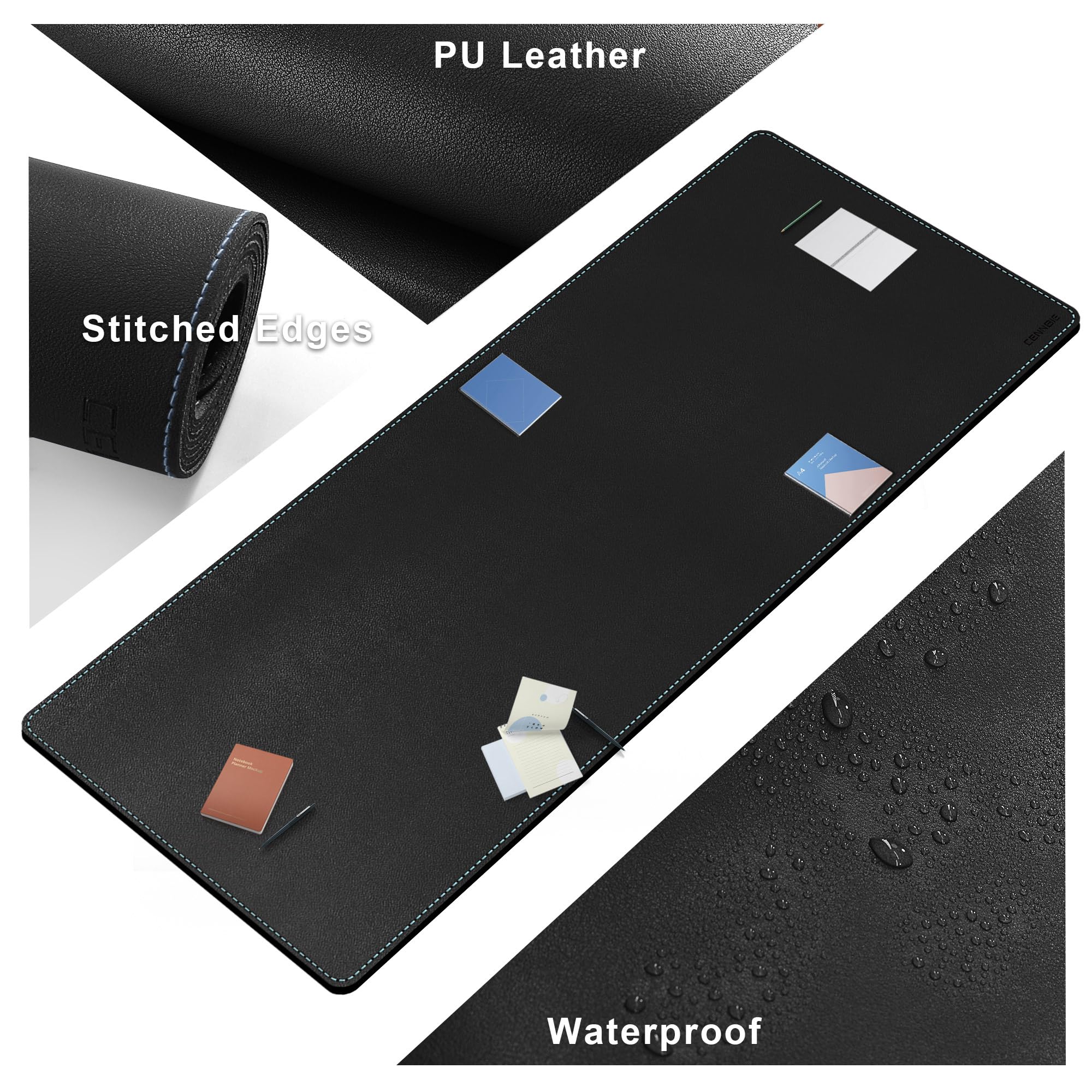 CENNBIE Tappetino da scrivania in pelle PU 180x70 cm impermeabile per mouse, ufficio e casa (Nero)