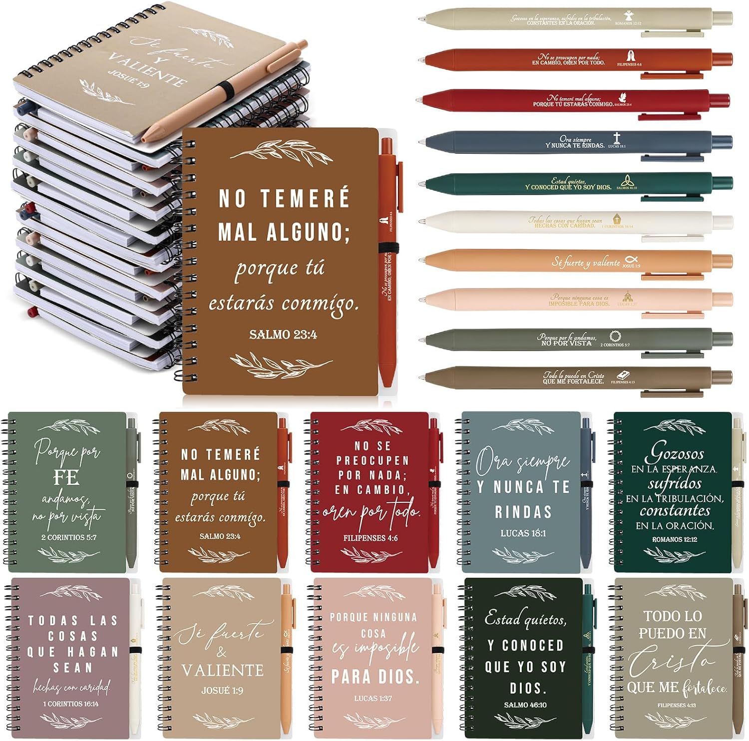 Kosiz 40 Set Christian Gift Bulk Spanish Bible Verse Pen Spiral Notebook Religious Prayer Journal Regalos Cristianos En Español Mothers Day Gift for Women Sunday School Teacher Church (Classic Color)