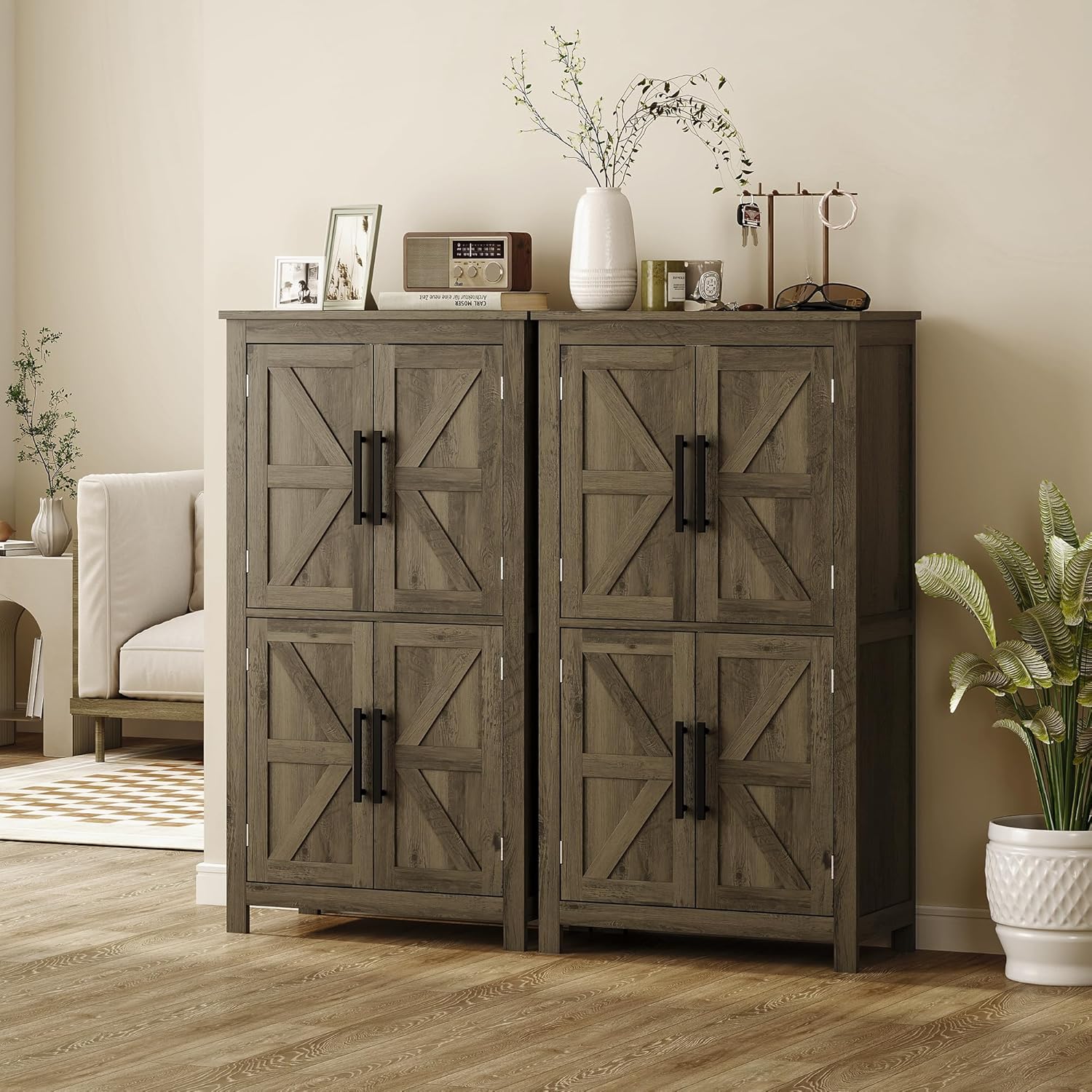 HOMCOM Farmhouse Bathroom Storage Cabinet with 4 Barn Doors, Bathroom Floor Cabinet with 2 Adjustable Shelf, Freestanding Storage Cupboard, Brown