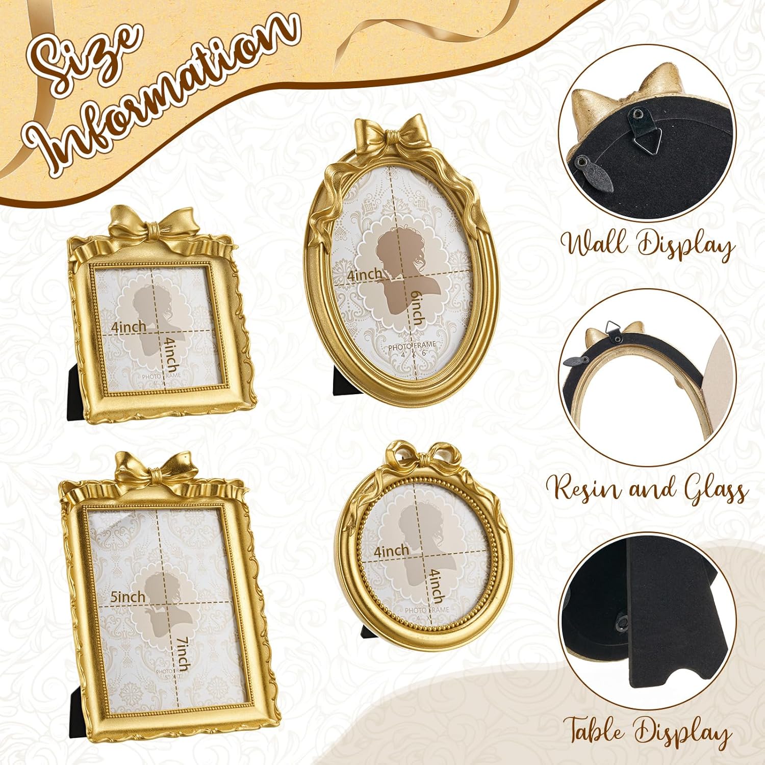 4 Pcs Vintage Picture Frames 5x7 4x6 4x4 inch Baroque Gold Resin Photo Frames with Glass Front Ornate Wall Hanging and Tabletop Display for Retro Home Decoration Wedding Gallery Hotel(Bowknot)