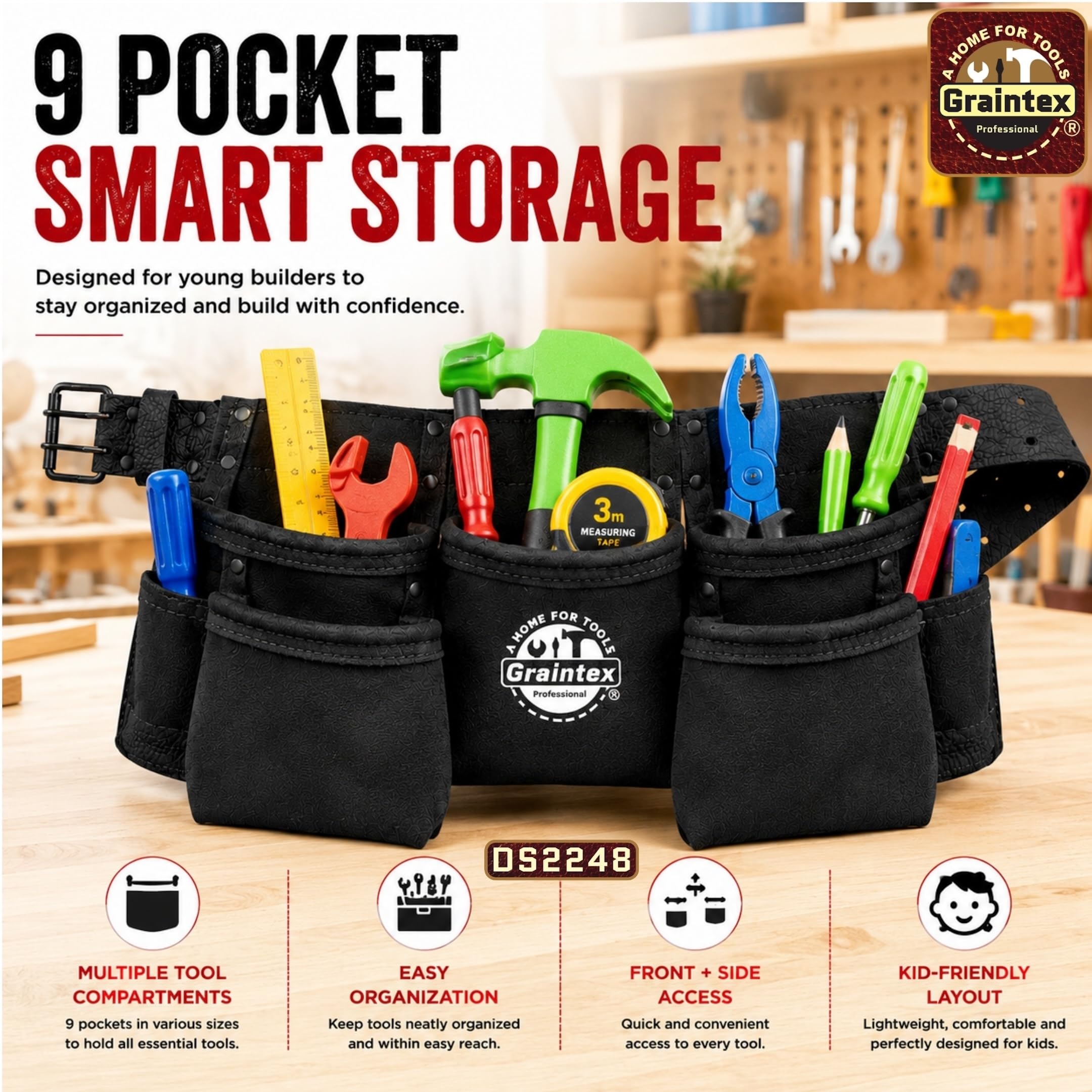 Graintex DS2248 Delantal de trabajo para niños con 9 bolsillos, color negro, piel de ante con cinturón de cuero de 1.1/2 pulgadas, 2 trabillas para soportes de martillo