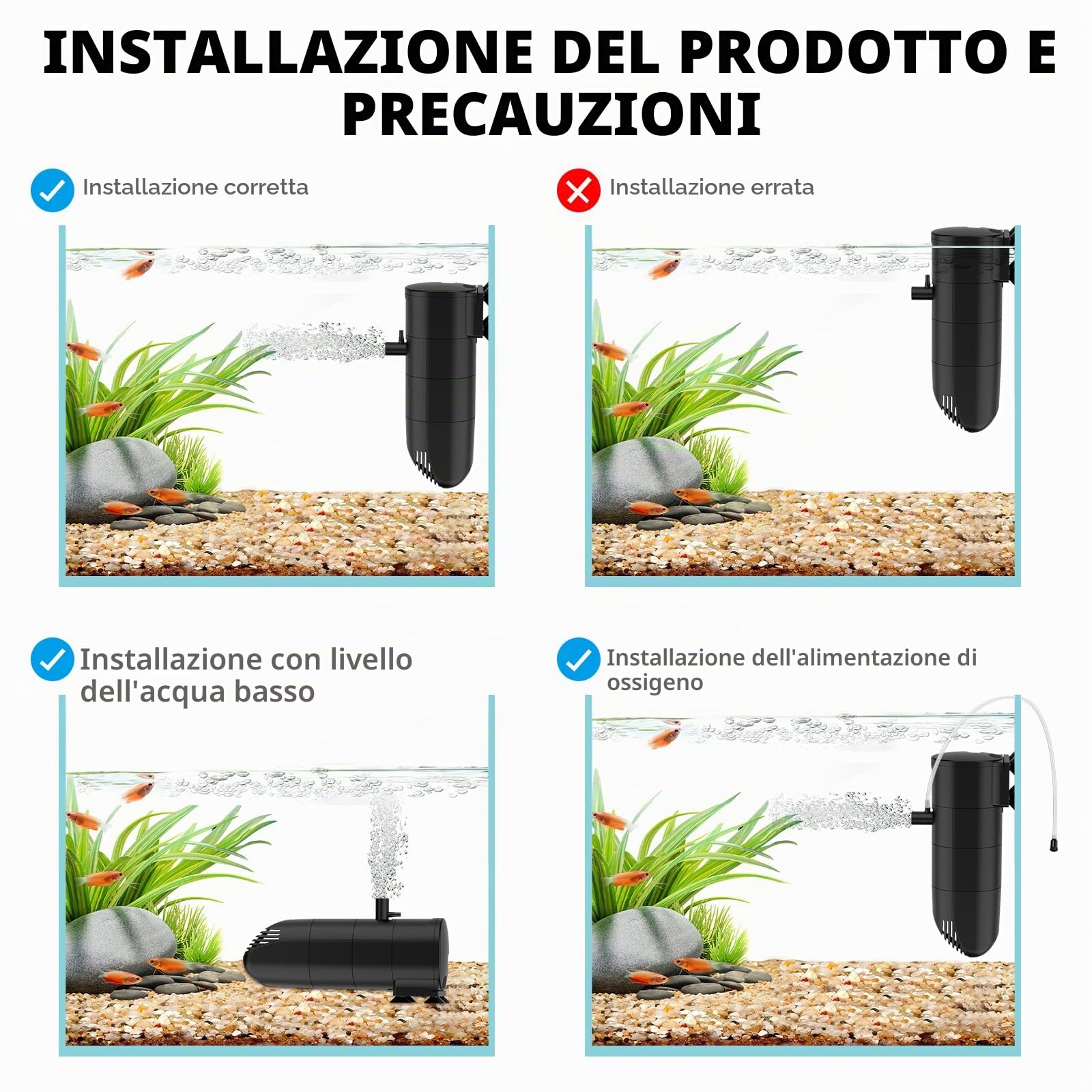 fishkeeper Filtro per acquario da 13 W, flusso regolabile 700 l/h, pompa per acquario con filtro, filtro interno per acquario a tre livelli con carbone attivo e spugna, filtro per acquari piccoli fino